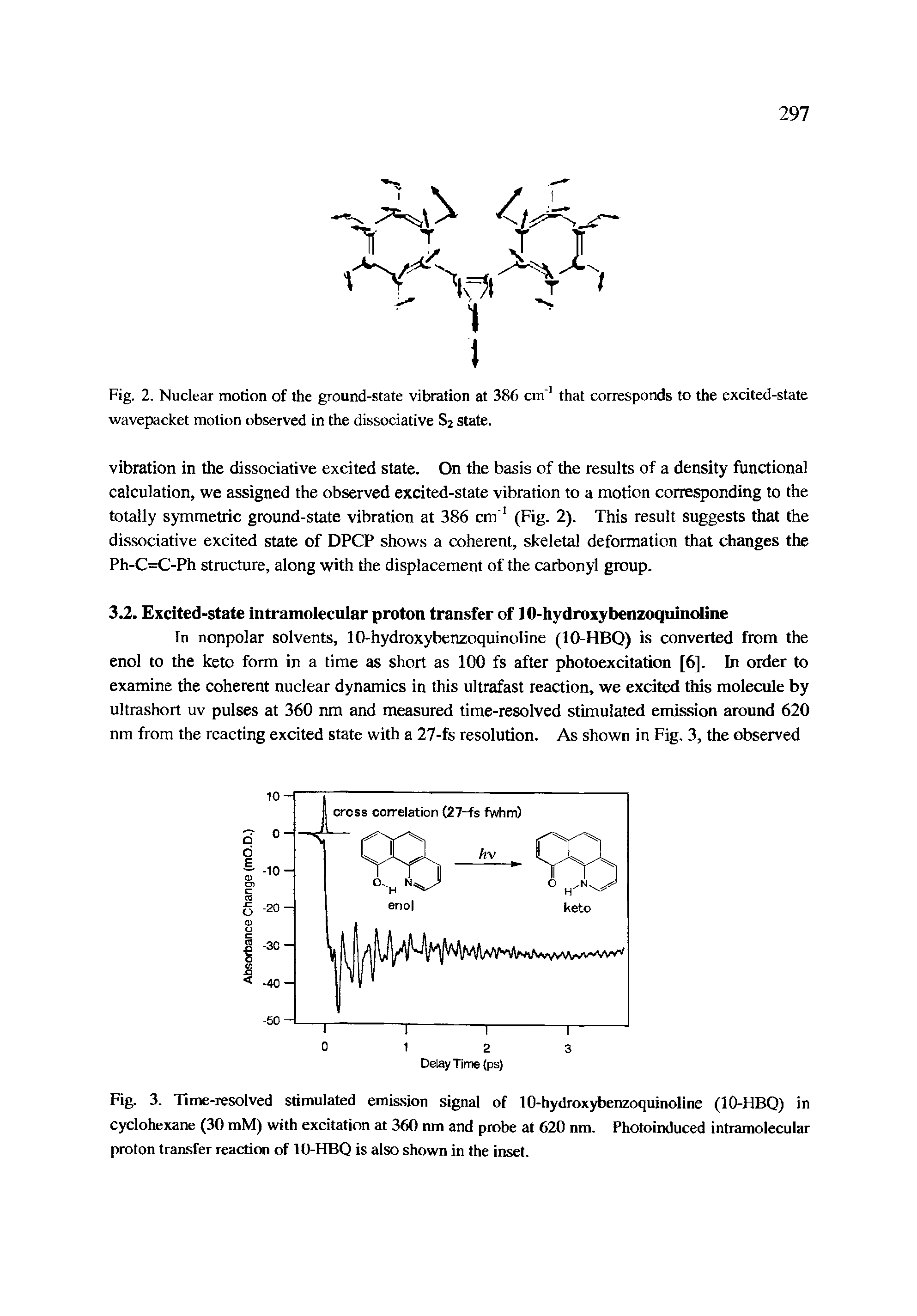 Fig. 3. Time-resolved stimulated emission signal of 10-hydroxybenzoquinoline (10-HBQ) in cyclohexane (30 mM) with excitation at 360 nm and probe at 620 nm. Photoinduced intramolecular proton transfer reaction of 10-HBQ is also shown in the inset.