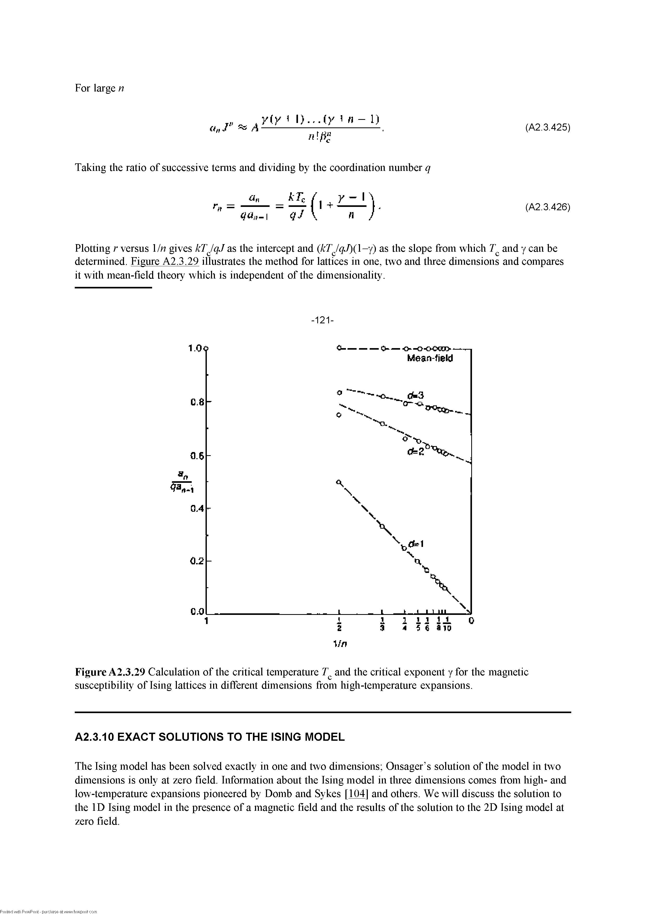 Figure A2.3.29 Calculation of the critical temperature and the critical exponent y for the magnetic susceptibility of Ising lattices in different dimensions from high-temperature expansions.