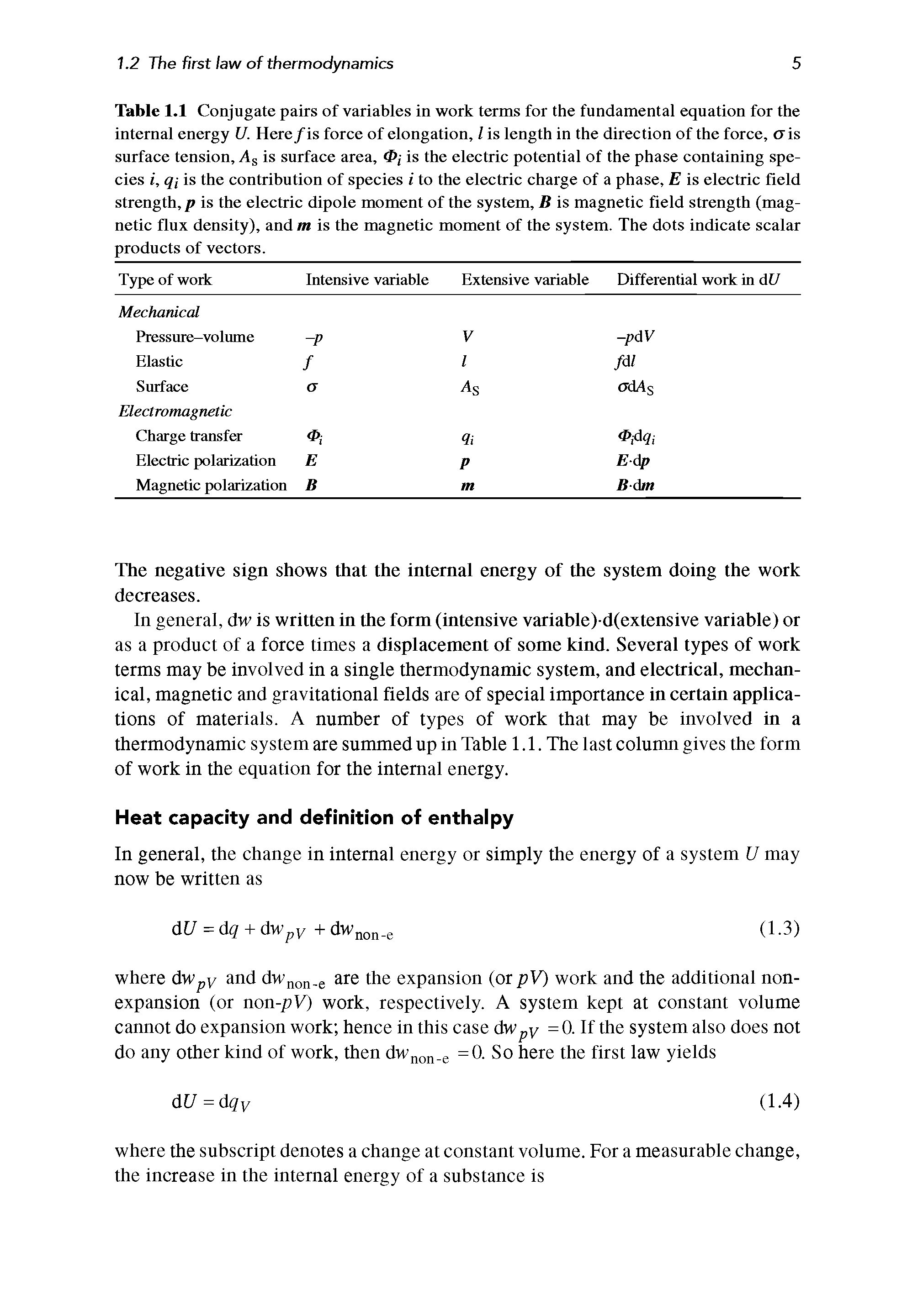 Table 1.1 Conjugate pairs of variables in work terms for the fundamental equation for the internal energy U. Here/is force of elongation, Z is length in the direction of the force, <7 is surface tension, As is surface area, <Z>, is the electric potential of the phase containing species i, qi is the contribution of species i to the electric charge of a phase, E is electric field strength, p is the electric dipole moment of the system, B is magnetic field strength (magnetic flux density), and m is the magnetic moment of the system. The dots indicate scalar products of vectors.