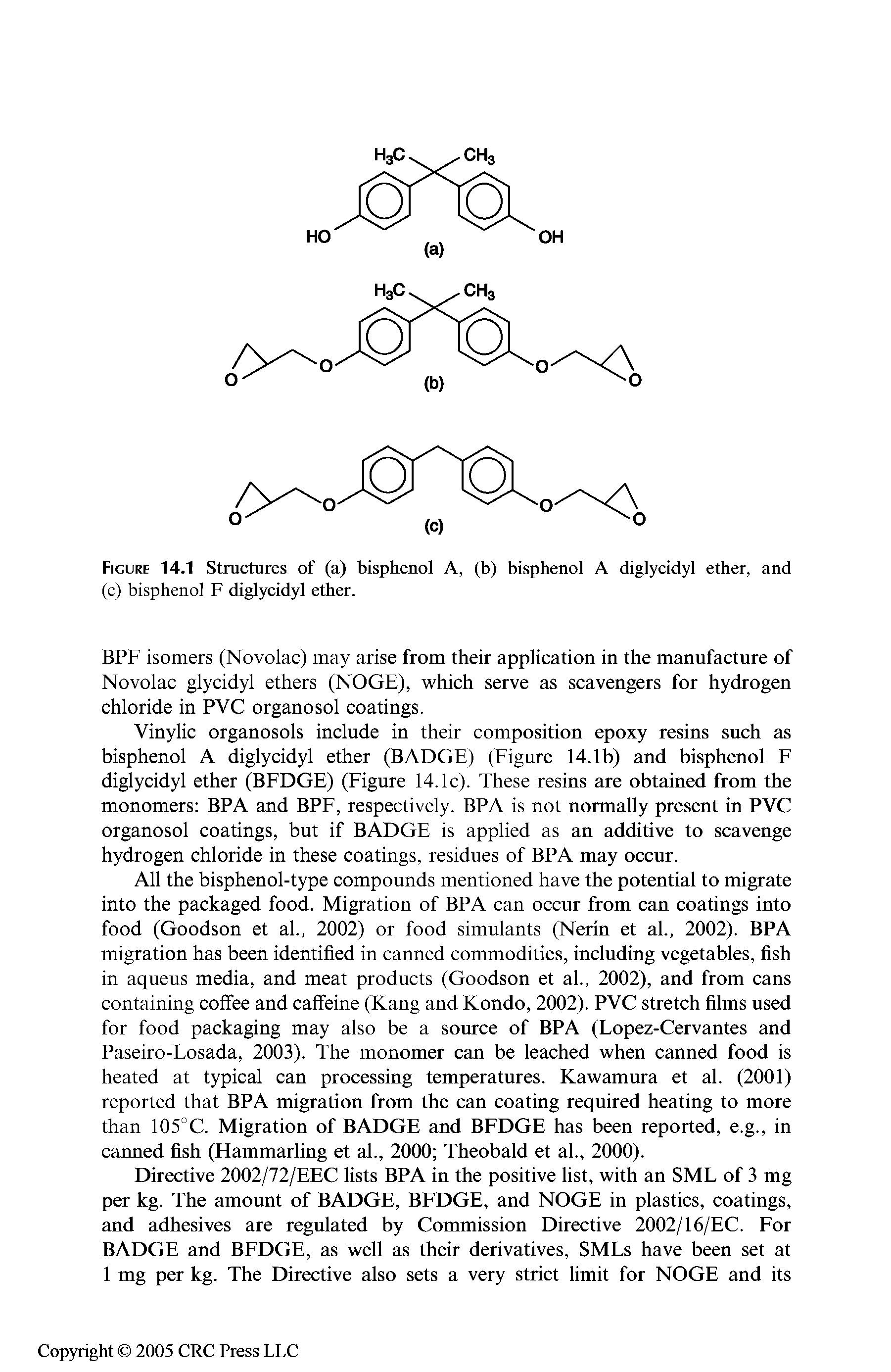 Figure 14.1 Structures of (a) bisphenol A, (b) bisphenol A diglycidyl ether, and (c) bisphenol F diglycidyl ether.