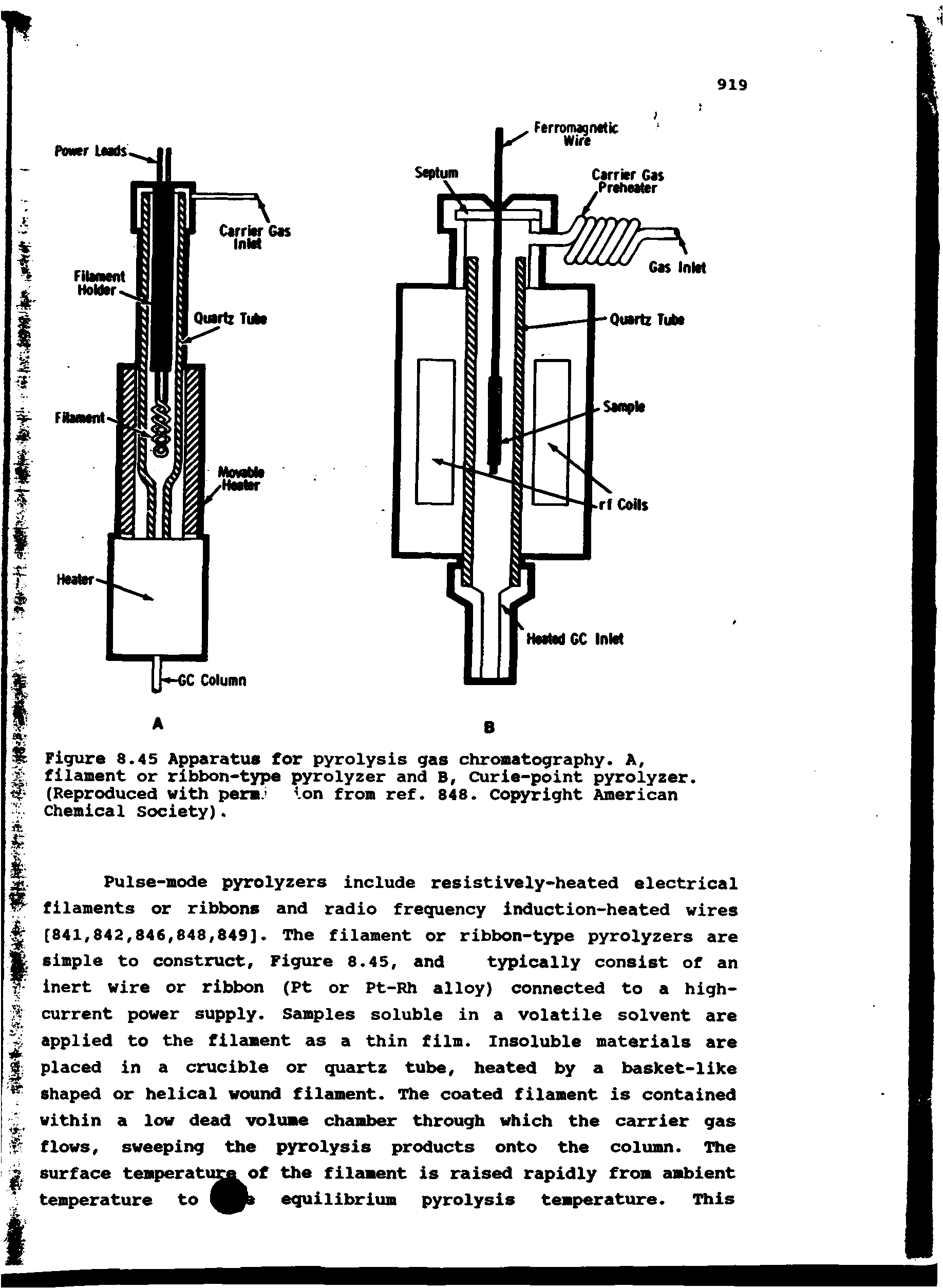 Figure 8.45 Apparatus for pyrolysis gas chromatography. A, filament or ribbon-type pyrolyzer and B, Curie-point pyrolyzer. (Reproduced with perm.i ion from ref. 848. Copyright American Chemical society).