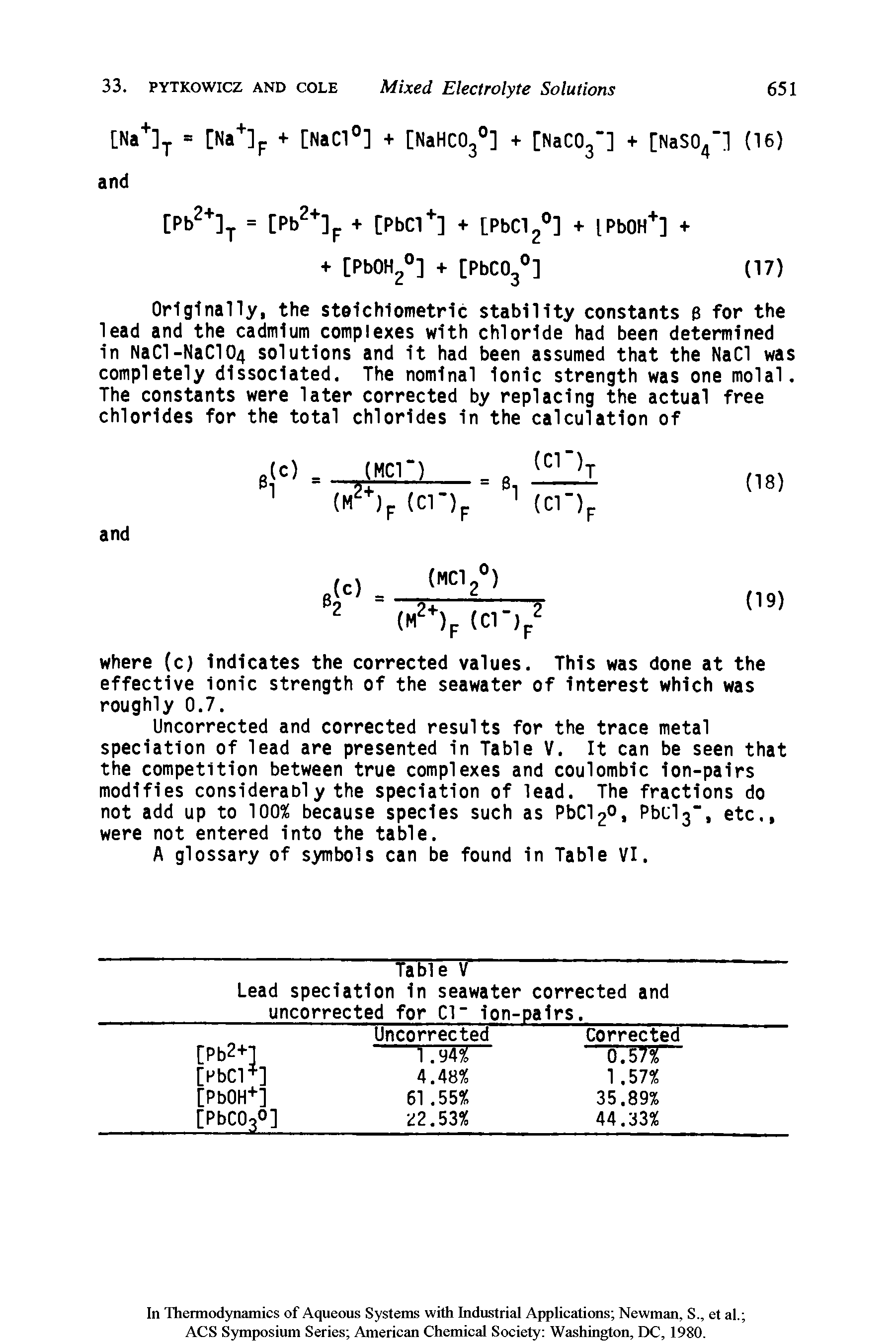 Table V Lead speciation in seawater corrected and uncorrected for Cl ion-pairs. ...