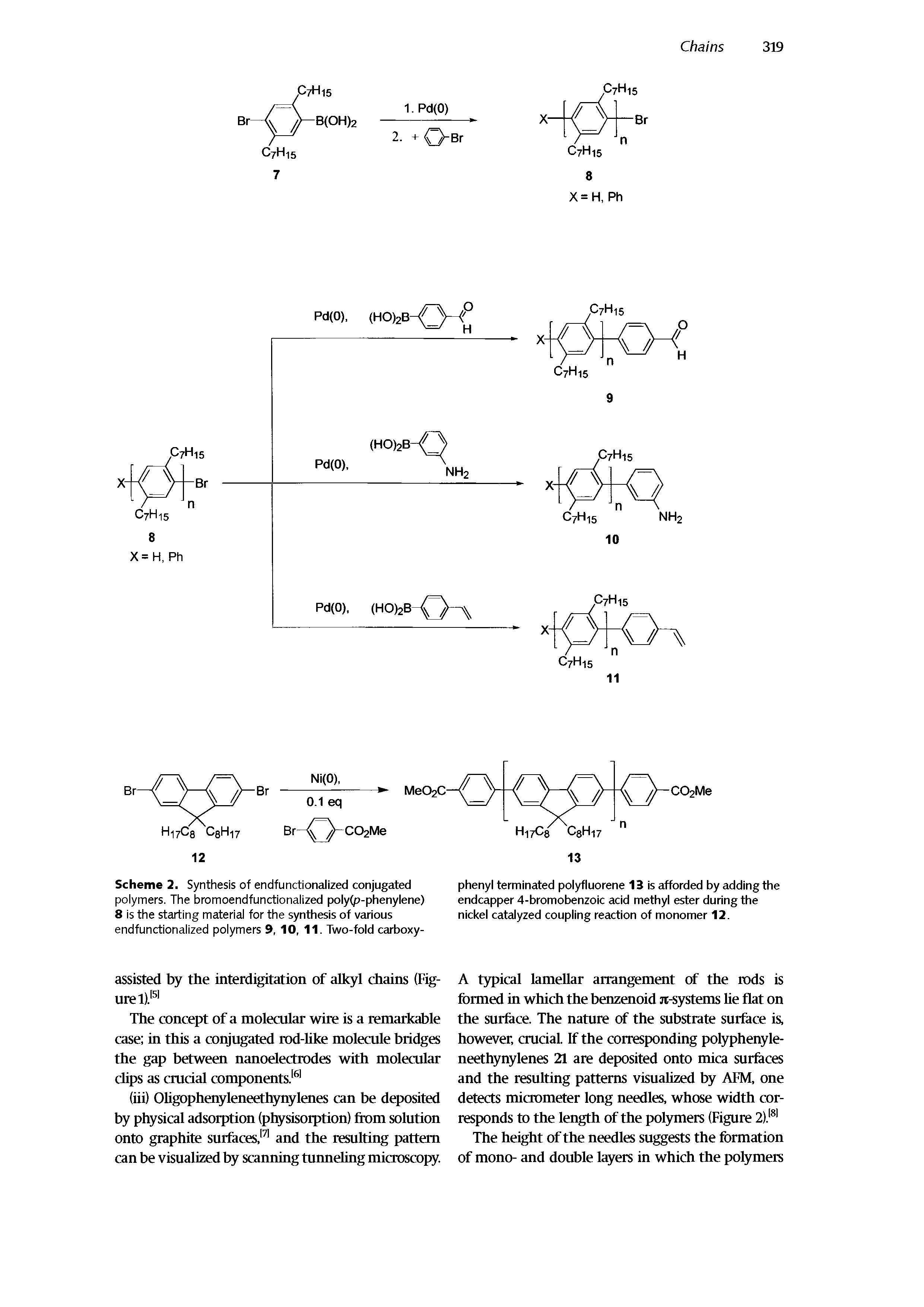 Scheme 2. Synthesis of endfunctionalized conjugated polymers. The bromoendfunctionalized poly(p-phenylene) 8 is the starting material for the synthesis of various endfunctionalized polymers 9, 10, 11. Two-fold carboxy-...