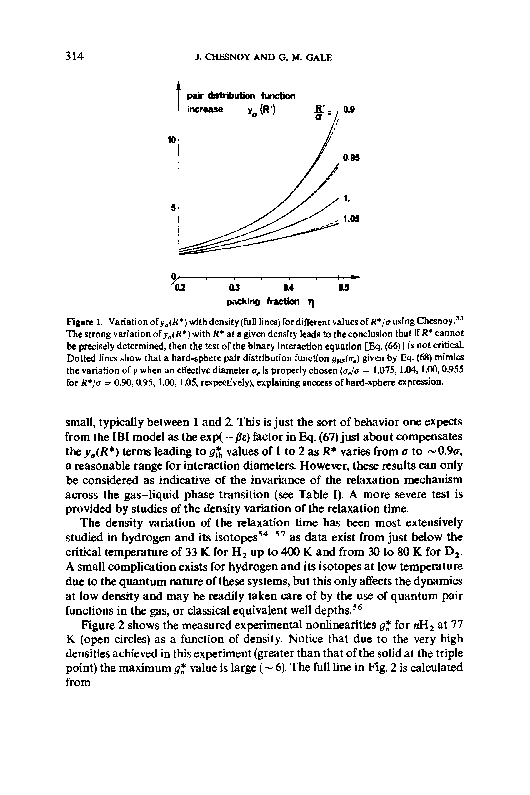 Figure 1. Variation of with density (full lines) fordilTerent values of R a using Chesnoy. The strong variation ofy (i ) with R at a given density leads to the conclusion that ifcannot be precisely determined, then the test of the binary interaction equation [Eq. (66)] is not critical. Dotted lines show that a hard-sphere pair distribution function fi(us(<r<,) given by Eq. (68) mimics the variation of y when an effective diameter a, is properly chosen (aja = 1.075,1.04,1.00,0.955 for R a = 0.90,0.95, 1.00, 1.05, respectively), explaining success of hard-sphere expression.