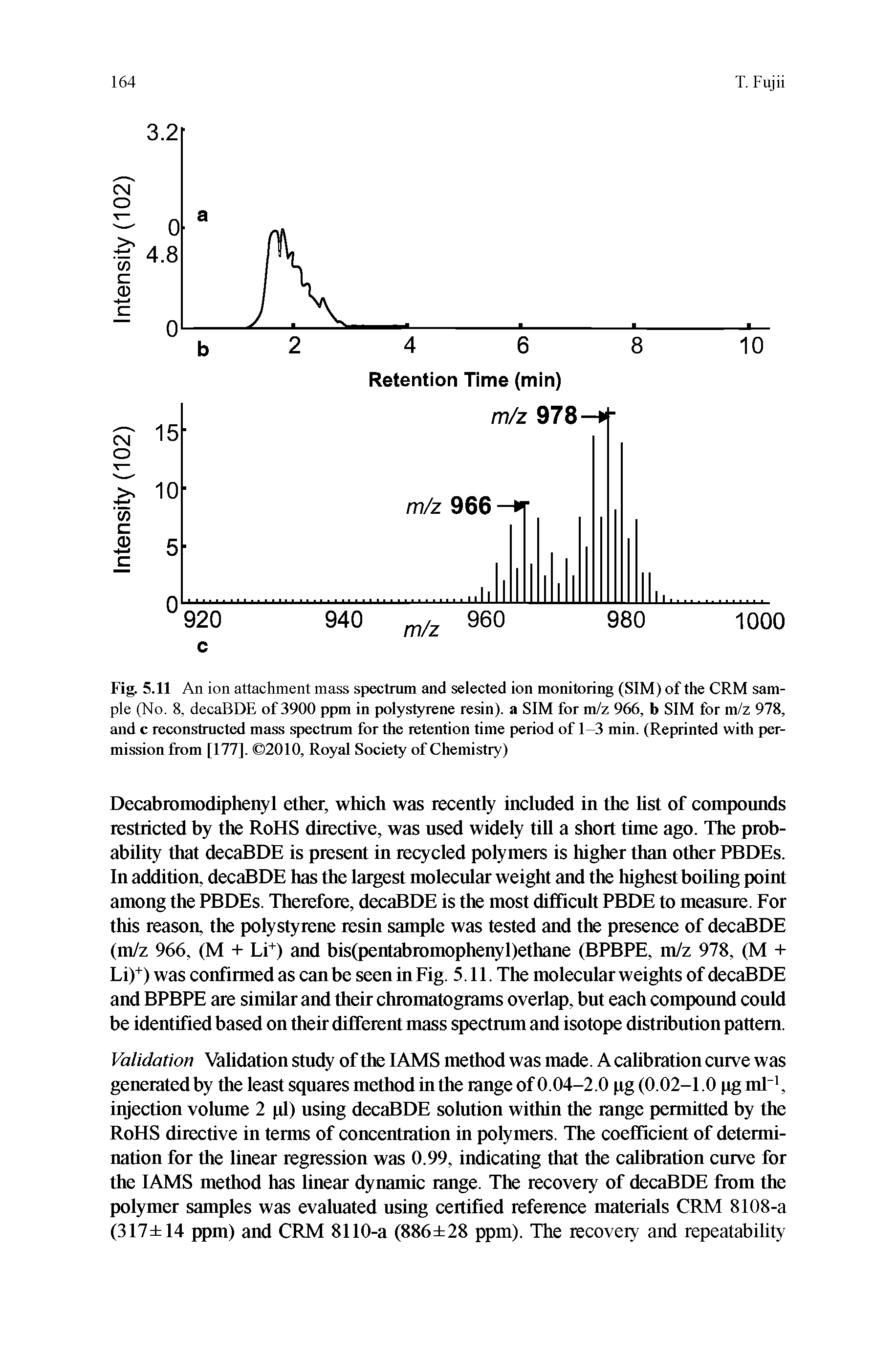 Fig. 5.11 An ion attachment mass spectrum and selected ion monitoring (SIM) of the CRM sample (No. 8, decaBDE of 3900 ppm in polystyrene resin), a SIM for m/z 966, b SIM for m/z 978, and c reconstructed mass spectrum for the retention time period of 13 min. (Reprinted with permission from [177]. 2010, Royal Society of Chemistry)...