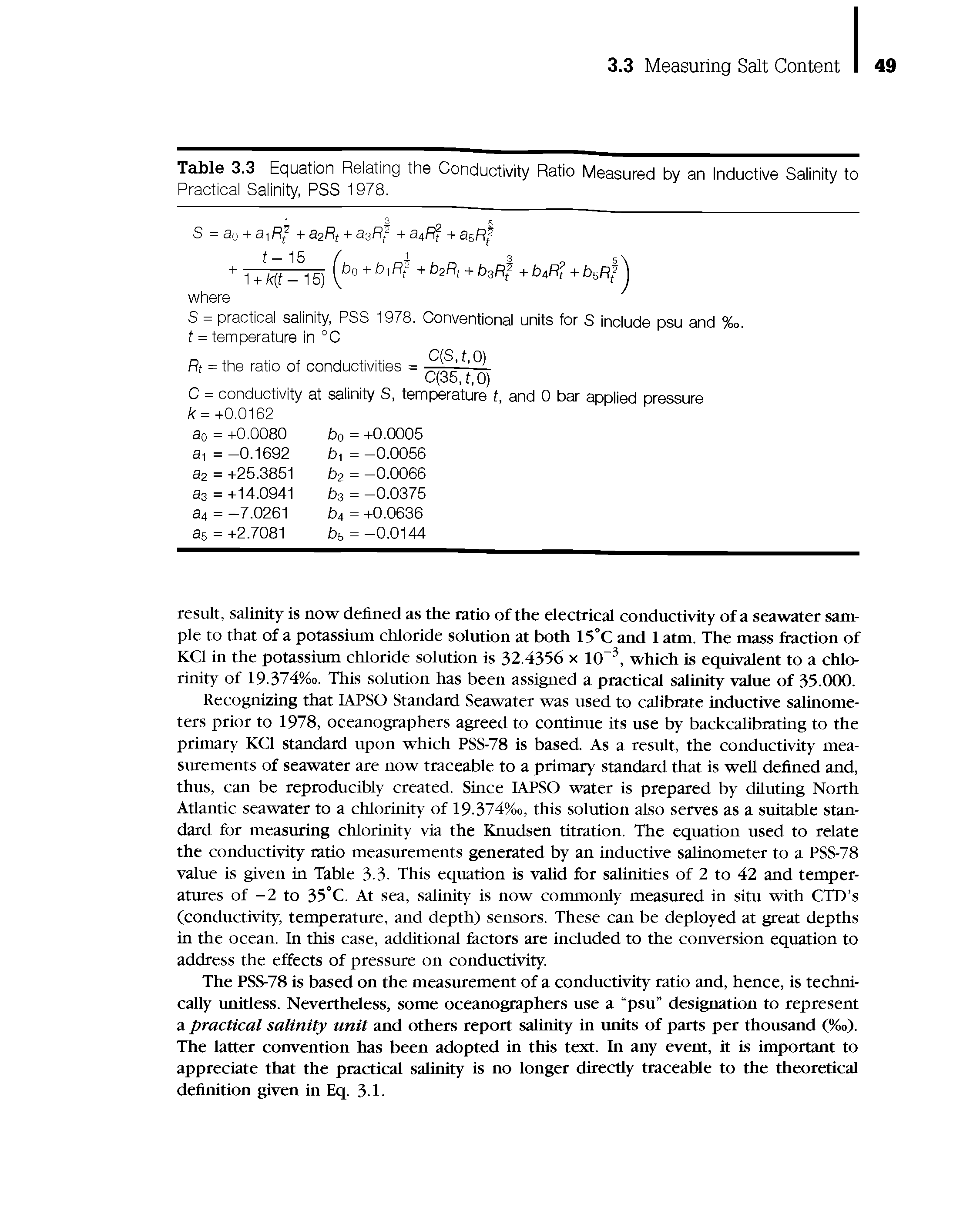 Table 3.3 Equation Relating the Conductivity Ratio Measured by an Inductive Salinity to Practical Salinity, PSS 1978.