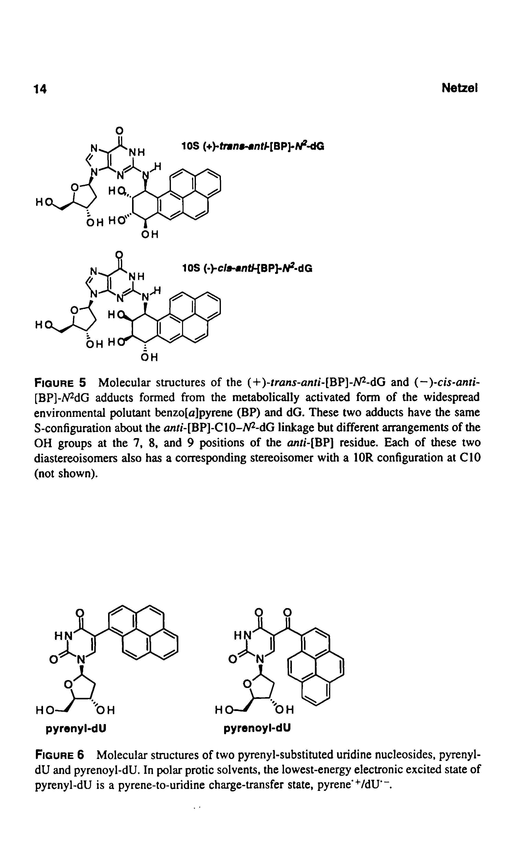 Figure 6 Molecular structures of two pyrenyl-substituted uridine nucleosides, pyrenyl-dU and pyrenoyl-dU. In polar protic solvents, the lowest-energy electronic excited state of pyrenyl-dU is a pyrene-to-uridine charge-transfer state, pyrene +/dU .