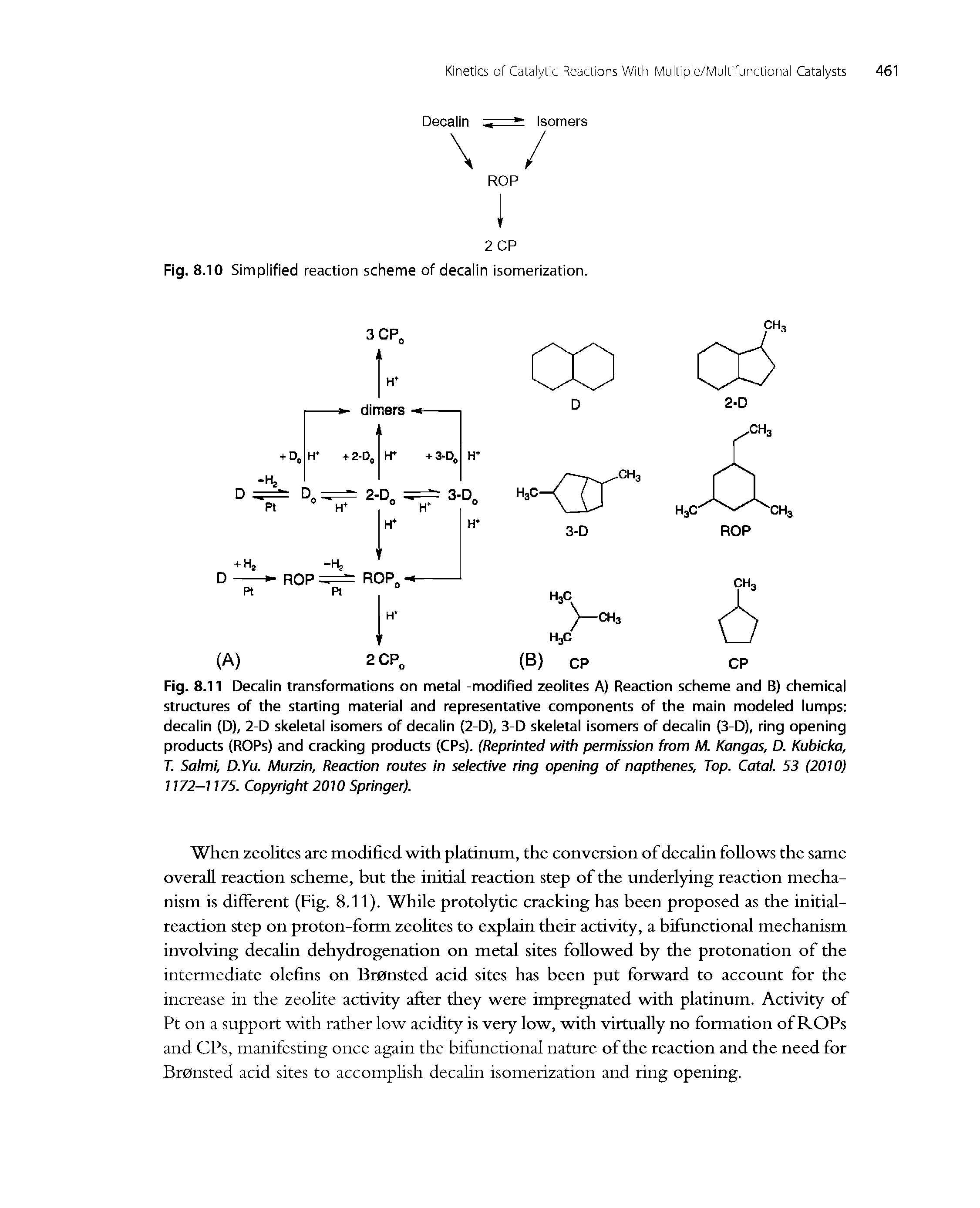 Fig. 8.11 Decalin transformations on metal -modified zeolites A) Reaction scheme and B) chemical structures of the starting material and representative components of the main modeled lumps decalin (D), 2-D skeletal isomers of decalin (2-D), 3-D skeletal isomers of decalin (3-D), ring opening products (ROPs) and cracking products (CPs). (Reprinted with permission from M. Kangas, D. Kubicka, T Salmi, D.Yu. Murzin, Reaction routes in selective ring opening of napthenes. Top. Catal. 53 (2010) 1172—1175. Copyright 2010 Springer).