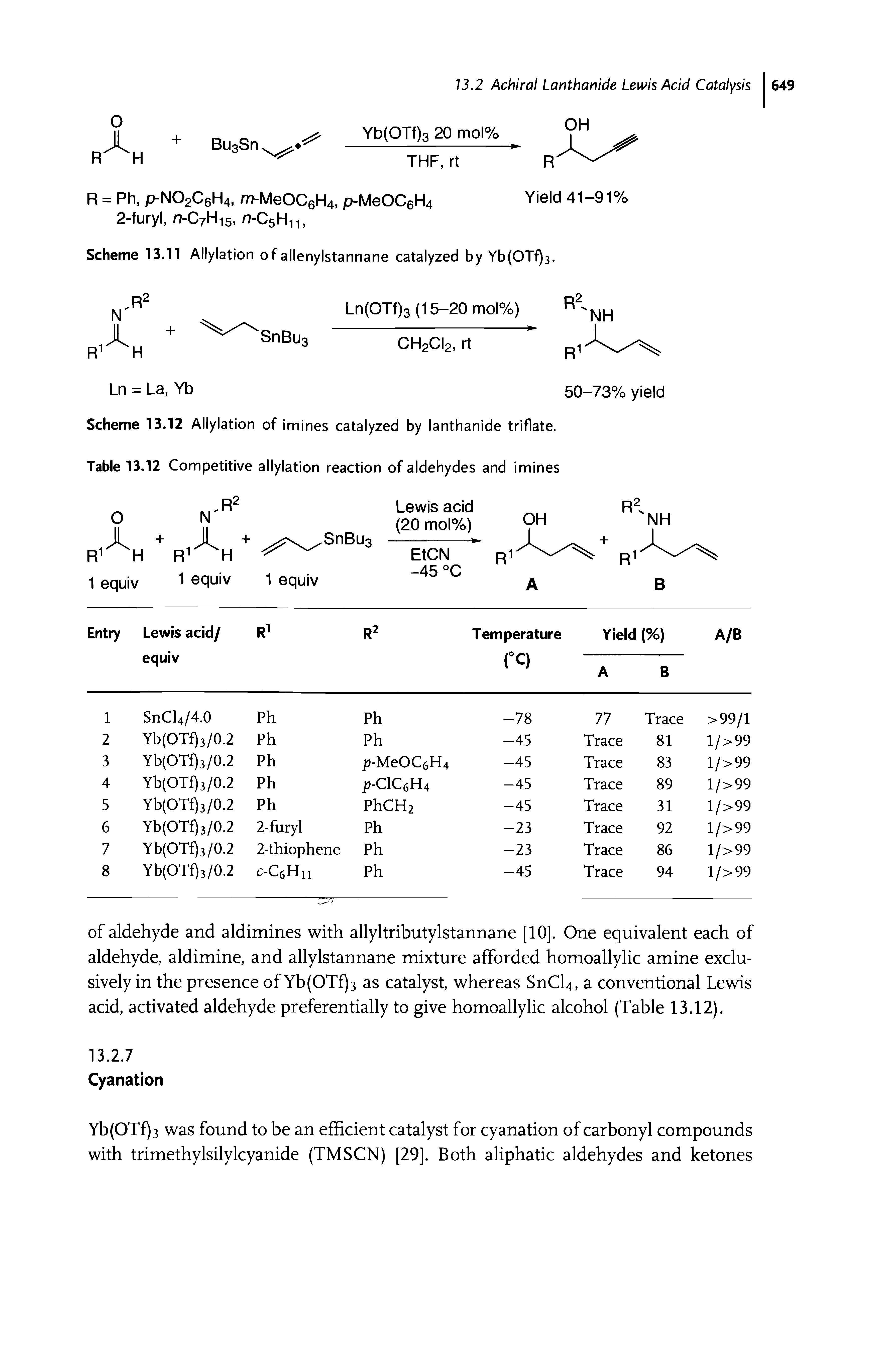 Scheme 13.12 Allylation of imines catalyzed by lanthanide triflate. Table 13.12 Competitive allylation reaction of aldehydes and imines...