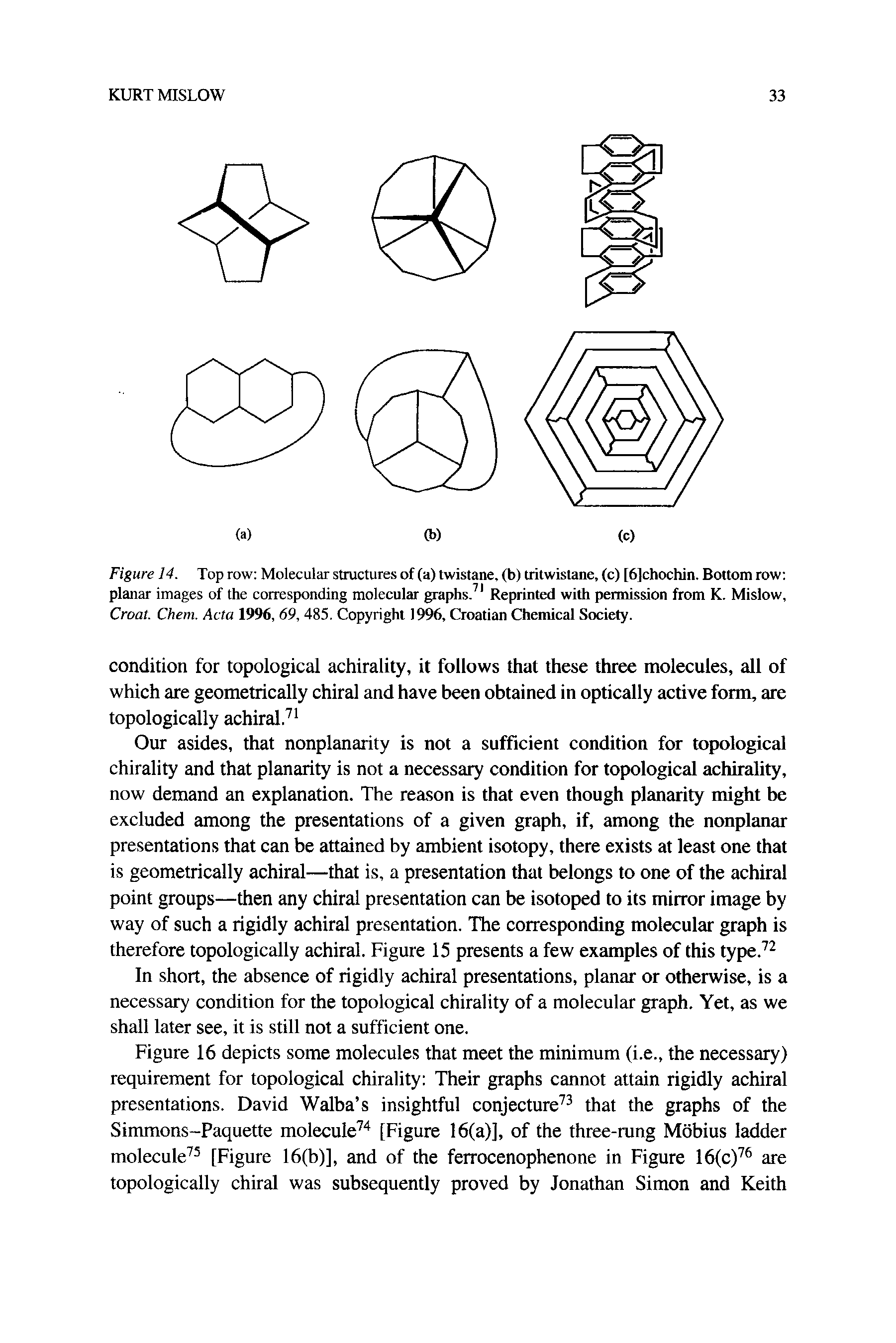Figure 14. Top row Molecular structures of (a) twistane, (b) tritwistane, (c) [6]chochin. Bottom row planar images of the corresponding molecular graphs.71 Reprinted with permission from K. Mislow, Croat. Chem. Acta 1996, 69, 485. Copyright 1996, Croatian Chemical Society.