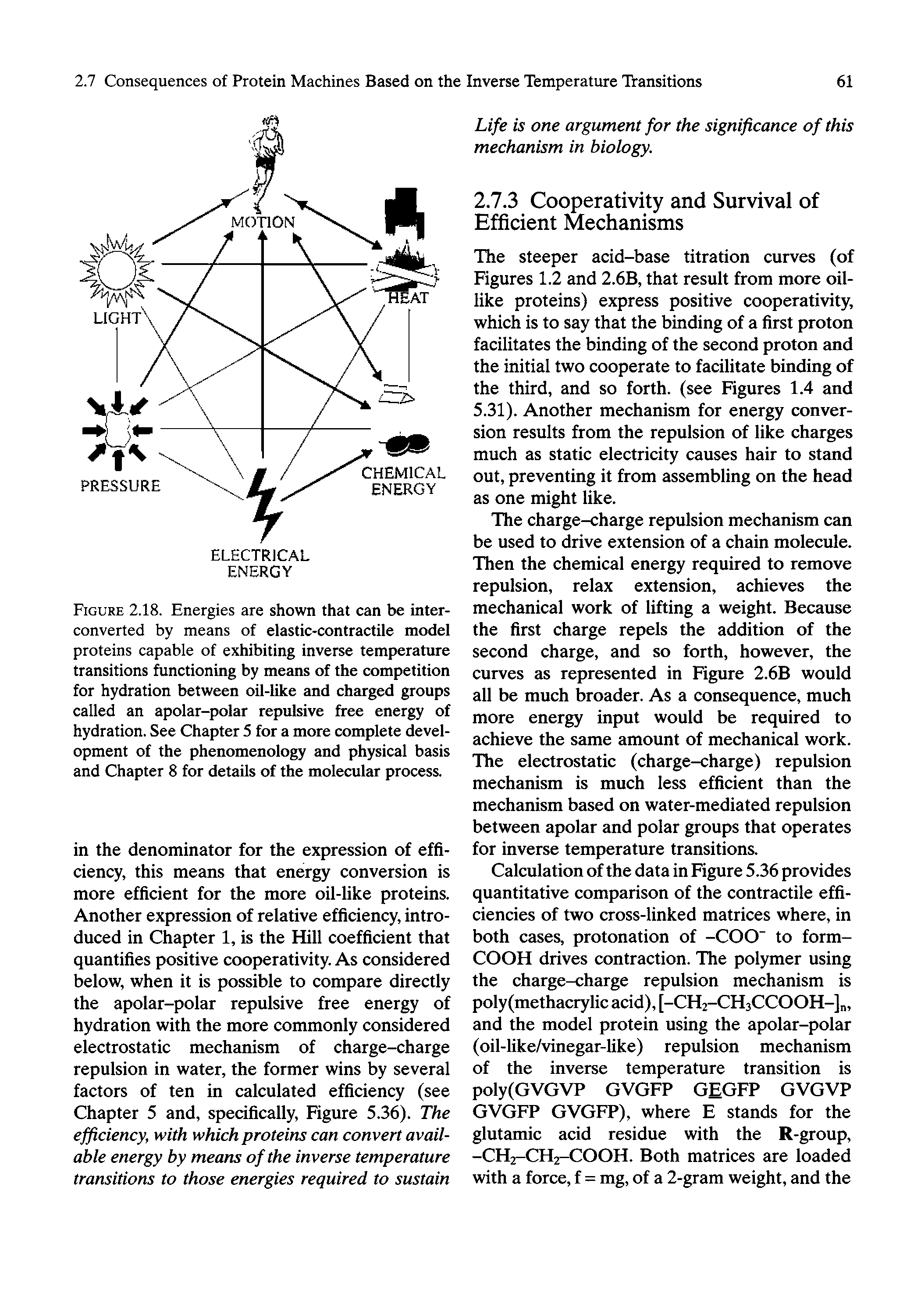 Figure 2.18. Energies are shown that can be inter-converted by means of elastic-contractile model proteins capable of exhibiting inverse temperature transitions functioning by means of the competition for hydration between oil-like and charged groups called an apolar-polar repulsive free energy of hydration. See Chapter 5 for a more complete development of the phenomenology and physical basis and Chapter 8 for details of the molecular process.