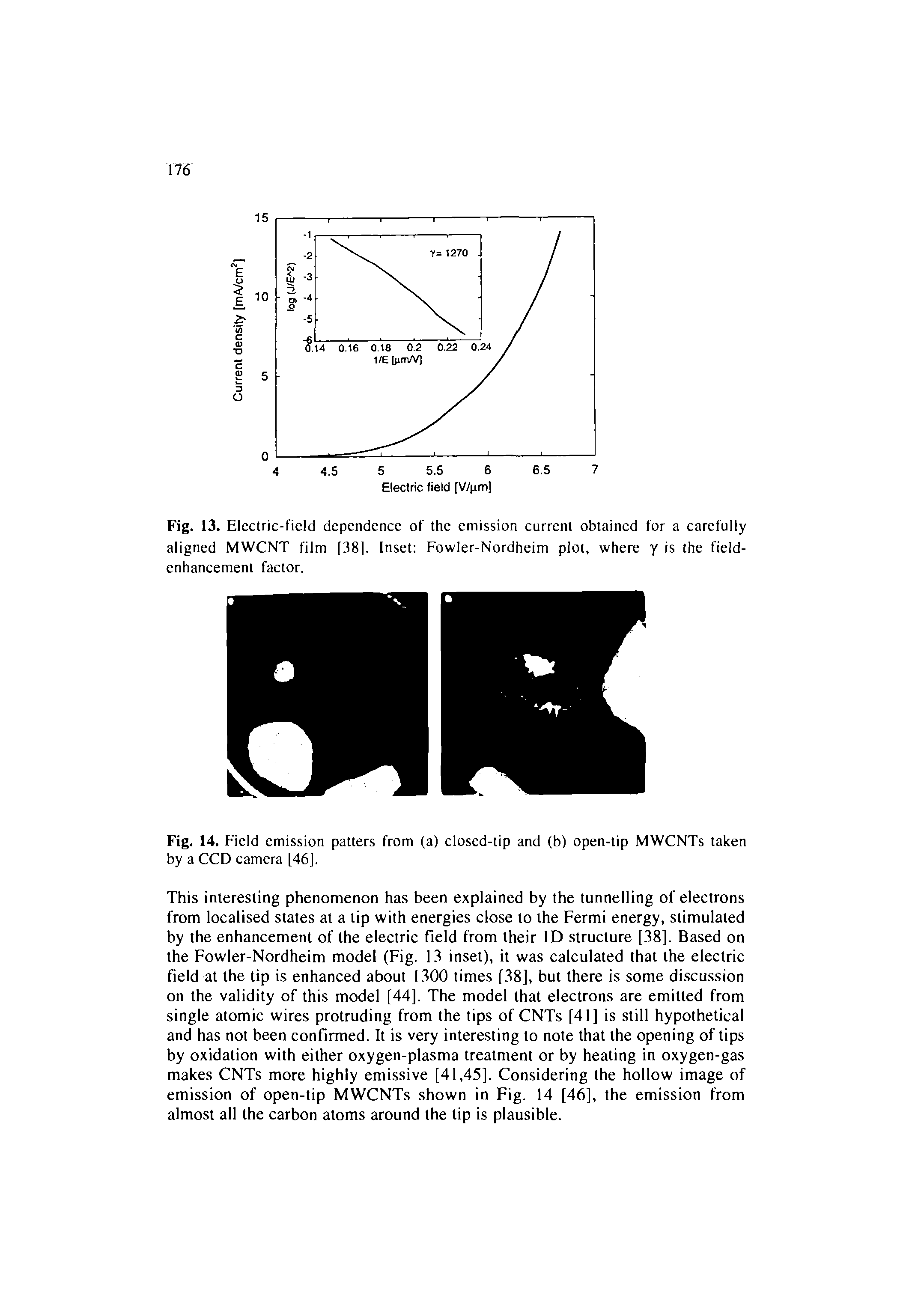 Fig. 13. Electric-field dependence of the emission current obtained for a carefully aligned MWCNT film [38], Inset Fowler-Nordheim plot, where y is the field-enhancement factor.