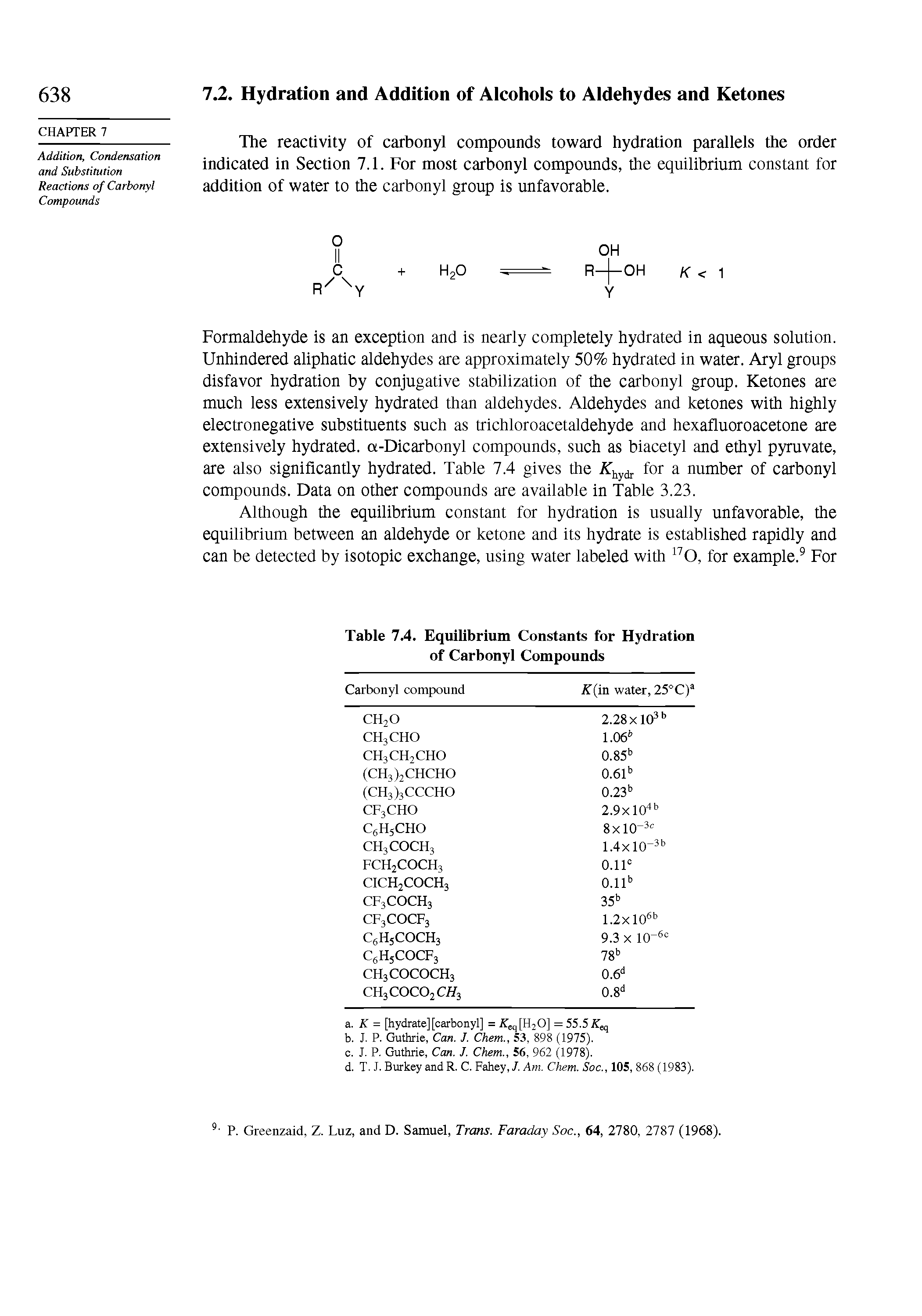 Table 7.4. Equilibrium Constants for Hydration of Carbonyl Compounds...