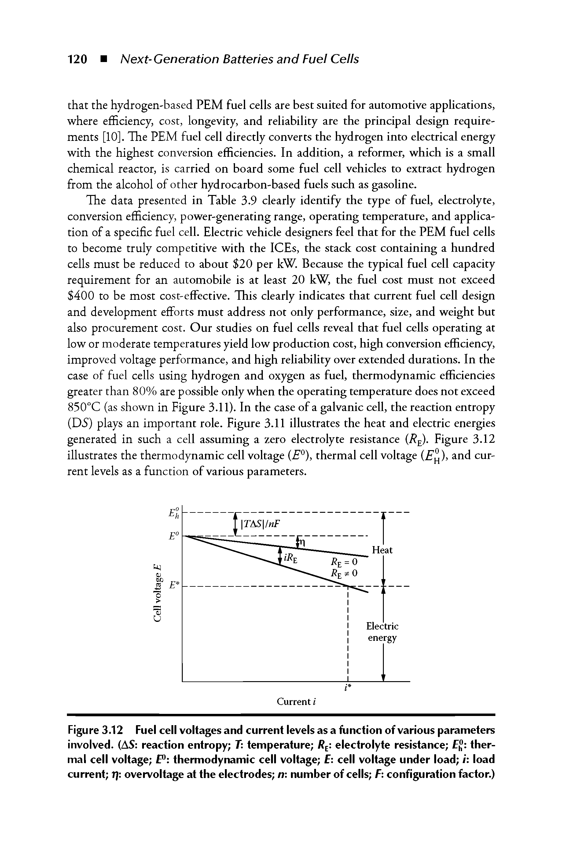 Figure 3.12 Fuel cell voltages and current levels as a function of various parameters involved. (AS reaction entropy T temperature electrolyte resistance ff- thermal cell voltage P thermodynamic cell voltage f cell voltage under load i load current tj overvoltage at the electrodes n number of cells f configuration factor.)...