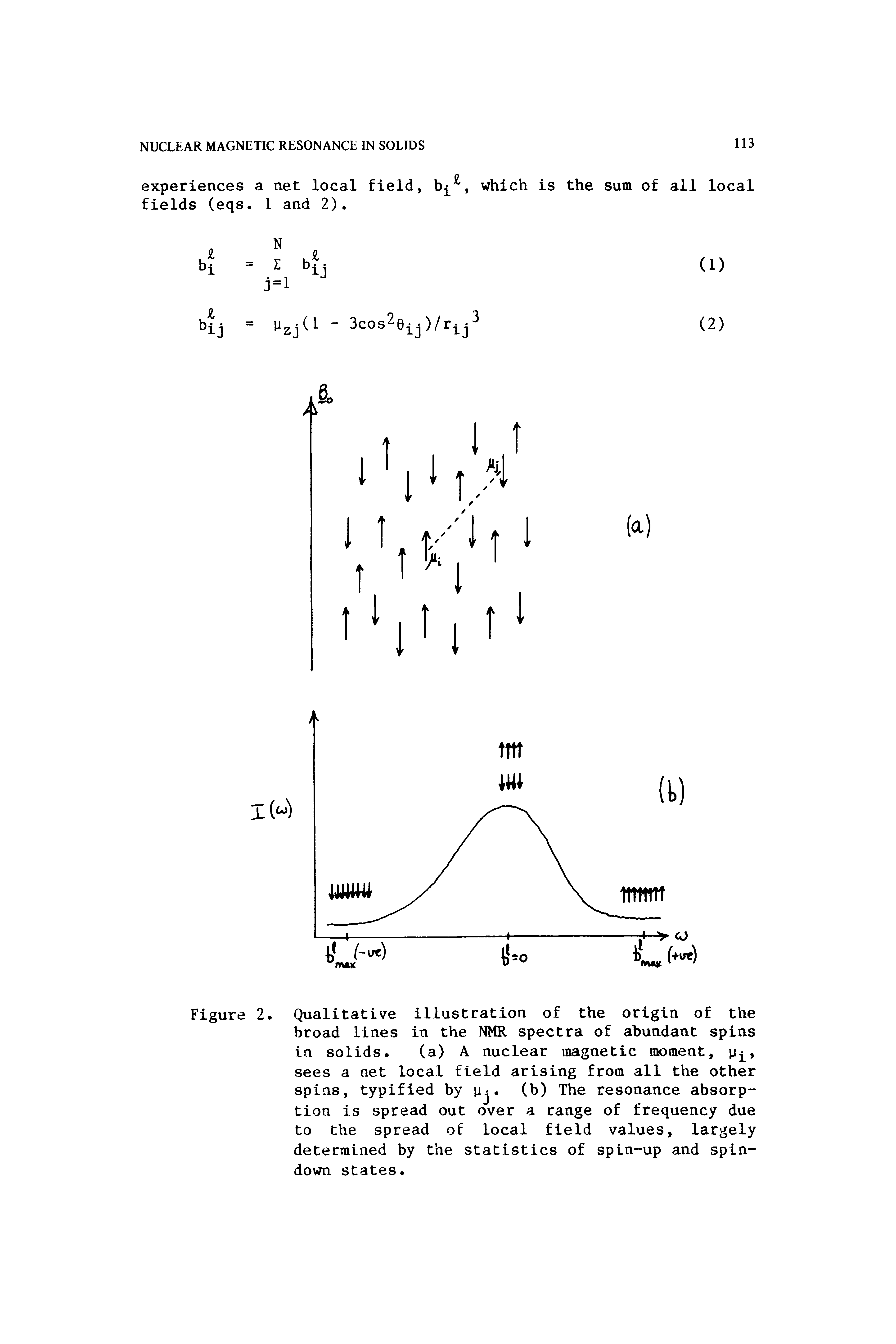 Figure 2. Qualitative illustration of the origin of the broad lines in the NMR spectra of abundant spins in solids. (a) A nuclear magnetic moment, sees a net local field arising from all the other spins, typified by iy (b) The resonance absorption is spread out over a range of frequency due to the spread of local field values, largely determined by the statistics of spin-up and spin-down states.