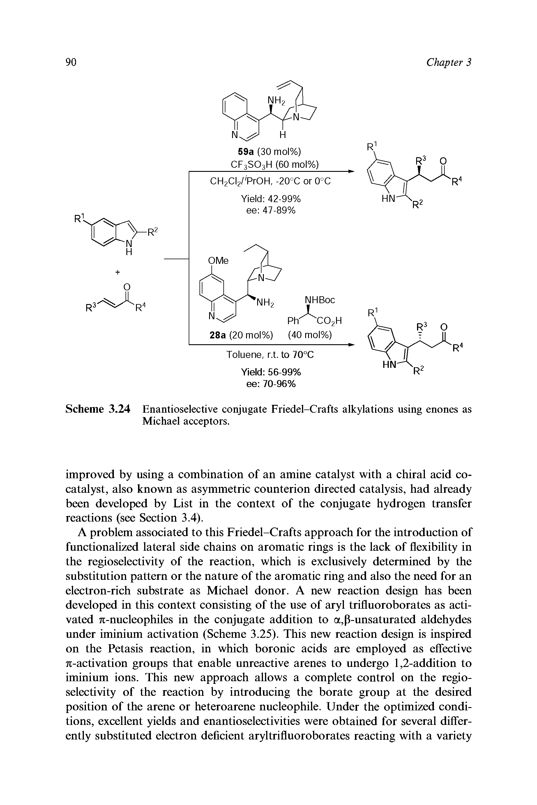 Scheme 3.24 Enantioselective conjugate Friedel-Crafts alkylations using enones as Michael acceptors.