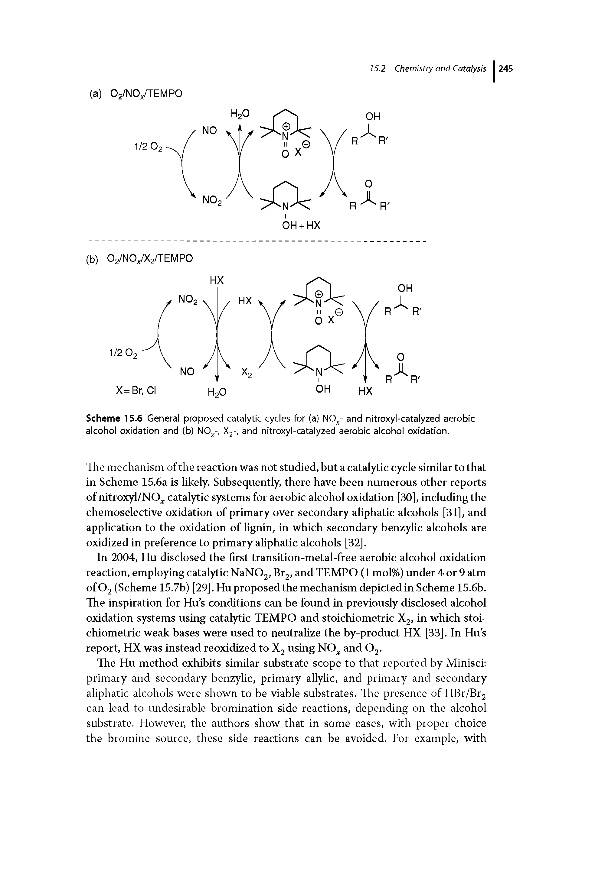 Scheme 15.6 General proposed catalytic cycles for (a) NO - and nitroxyl-catalyzed aerobic alcohol oxidation and (b) NOj -, Xj-, and nitroxyl-catalyzed aerobic alcohol oxidation.