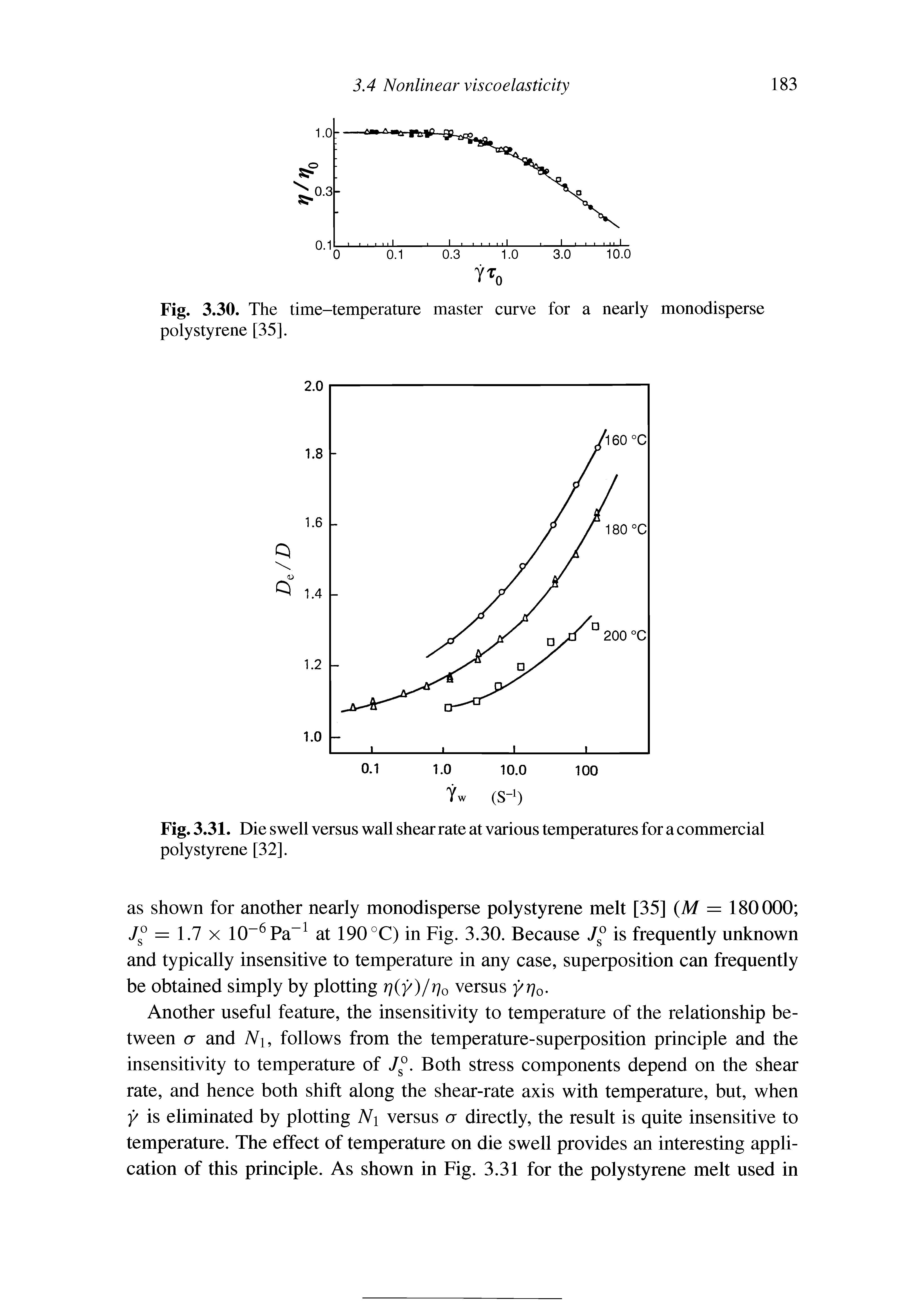 Fig. 3.30. The time-temperature master curve for a nearly monodisperse polystyrene [35].