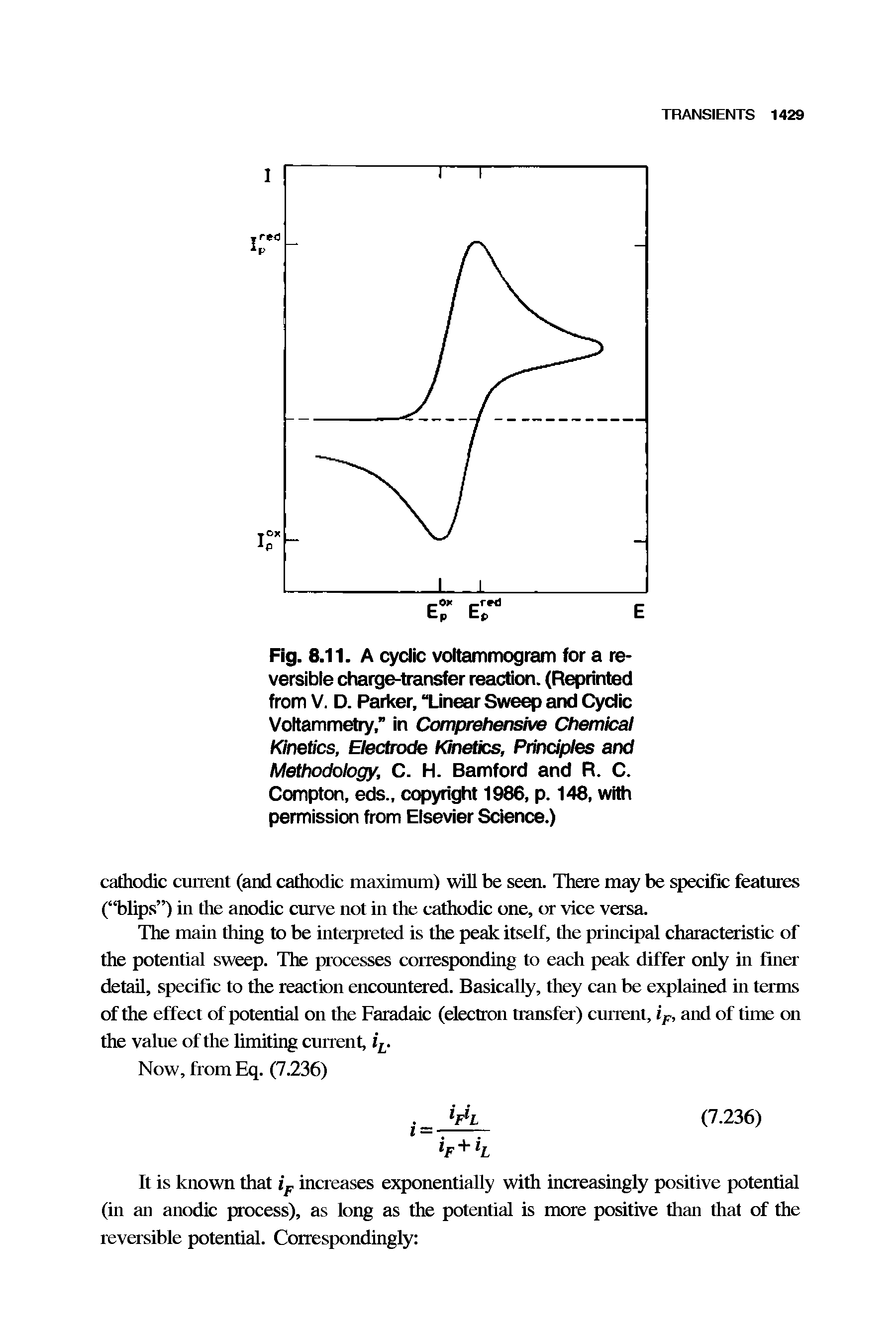 Fig. 8.11. A cyclic voltammogram for a reversible charge-transfer reaction. (Reprinted from V. D. Parker, Linear Sweep and Cyclic Voltammetry, in Comprehensive Chemical Kinetics, Electrode Kinetics, Principles and Methodology, C. H. Bamford and R. C. Compton, eds., copyright 1986, p. 148, with permission from Elsevier Science.)...