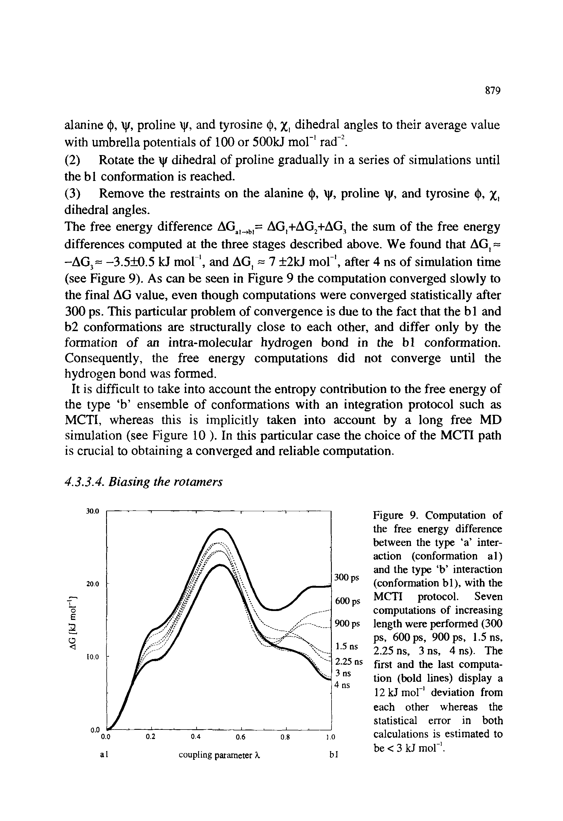 Figure 9. Computation of the free energy difference between the type a interaction (conformation al) and the type b interaction (conformation bl), with the MCTI protocol. Seven computations of increasing length were performed (300 ps, 600 ps, 900 ps, 1.5 ns, 2.25 ns, 3 ns, 4 ns). The first and the last computation (bold lines) display a 12kJmor deviation from each other whereas the statistical error in both calculations is estimated to be < 3 kJ mol". ...
