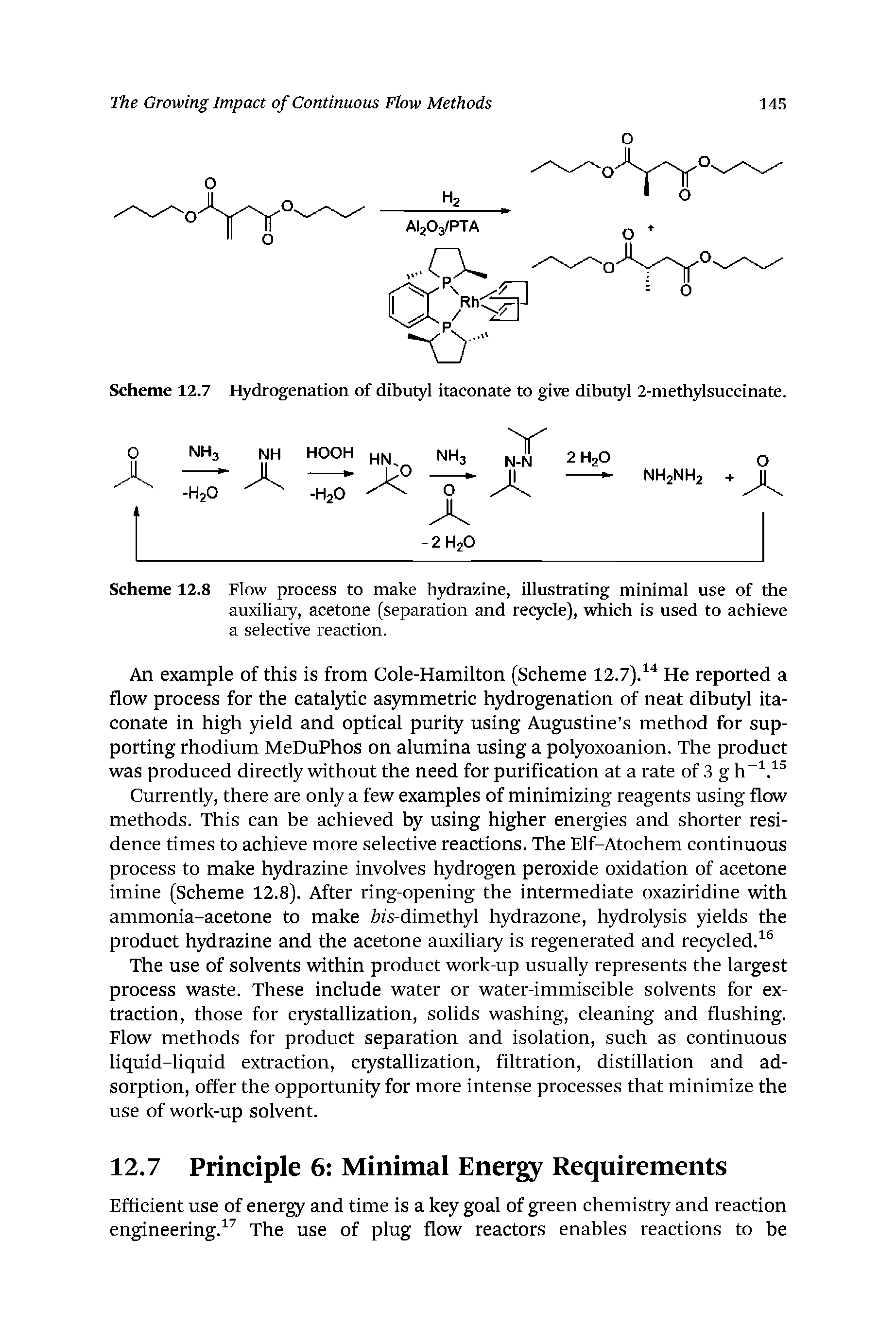 Scheme 12.8 Flow process to make hydrazine, illustrating minimal use of the auxiliary, acetone (separation and recyele), which is used to achieve...