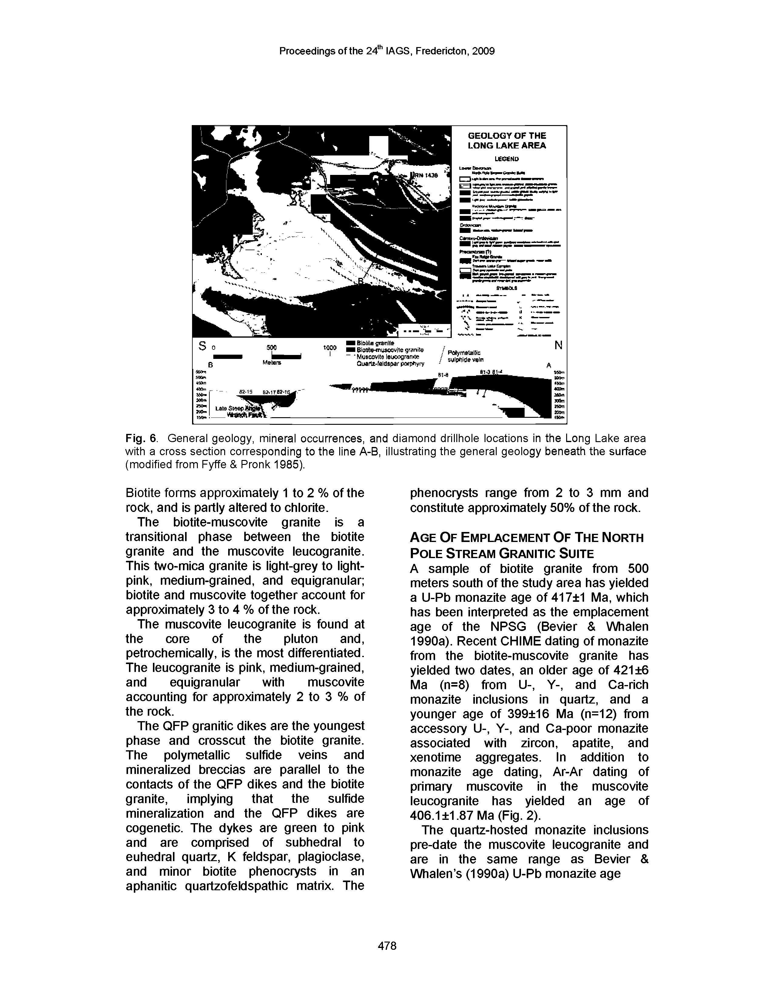 Fig. 6. General geology, mineral occurrences, and diamond drillhole locations In the Long Lake area with a cross section corresponding to the line A-B, Illustrating the general geology beneath the surface (modified from Fyffe Pronk 1985).
