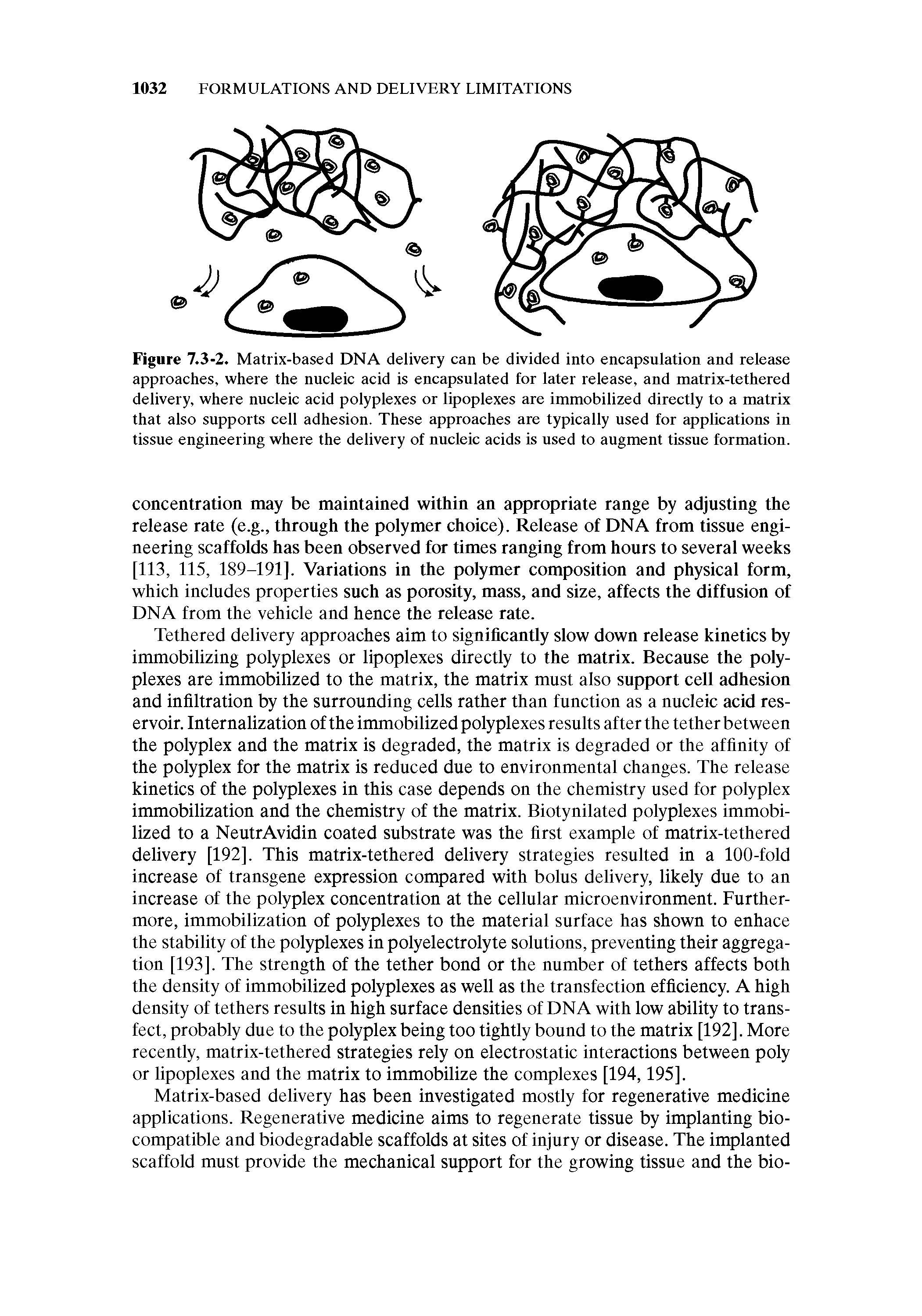 Figure 7.3-2. Matrix-based DNA delivery can be divided into encapsulation and release approaches, where the nucleic acid is encapsulated for later release, and matrix-tethered delivery, where nucleic acid polyplexes or lipoplexes are immobilized directly to a matrix that also supports cell adhesion. These approaches are typically used for applications in tissue engineering where the delivery of nucleic acids is used to augment tissue formation.