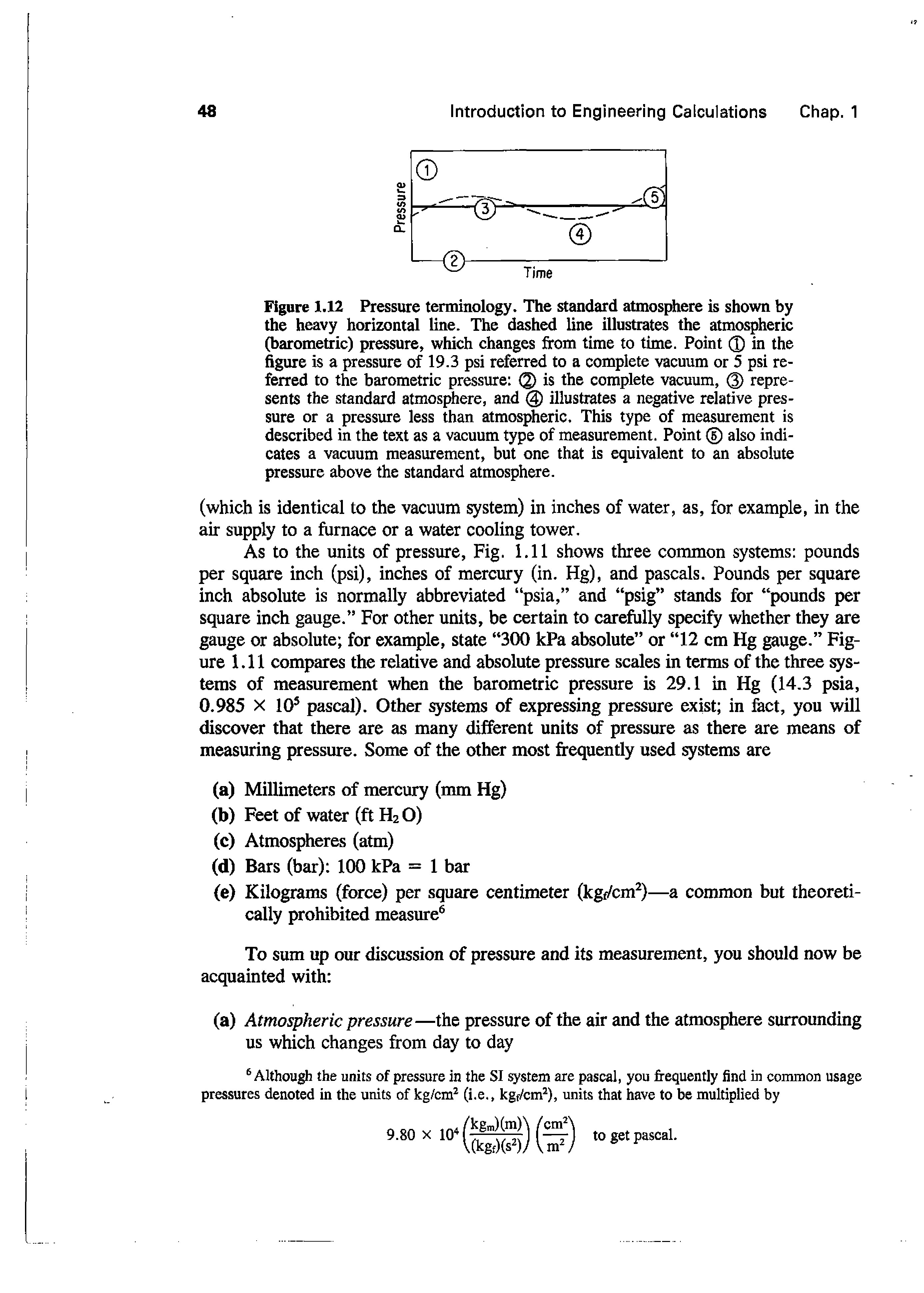 Figure 1.12 Pressure terminology. The standard atmosphere is shown by the heavy horizontal line. The dashed line illustrates the atmospheric (barometric) pressure, which changes from time to time. Point Q in the figure is a pressure of 19.3 psi referred to a complete vacuum or 5 psi referred to the barometric pressure (2) is the complete vacuum, O represents the standard atmosphere, and 0 illustrates a negative relative pressure or a pressure less than atmospheric. This type of measurement is described in the text as a vacuum type of measurement. Point (D also indicates a vacuum measurement, but one that is equivalent to an absolute pressure above the standard atmosphere.