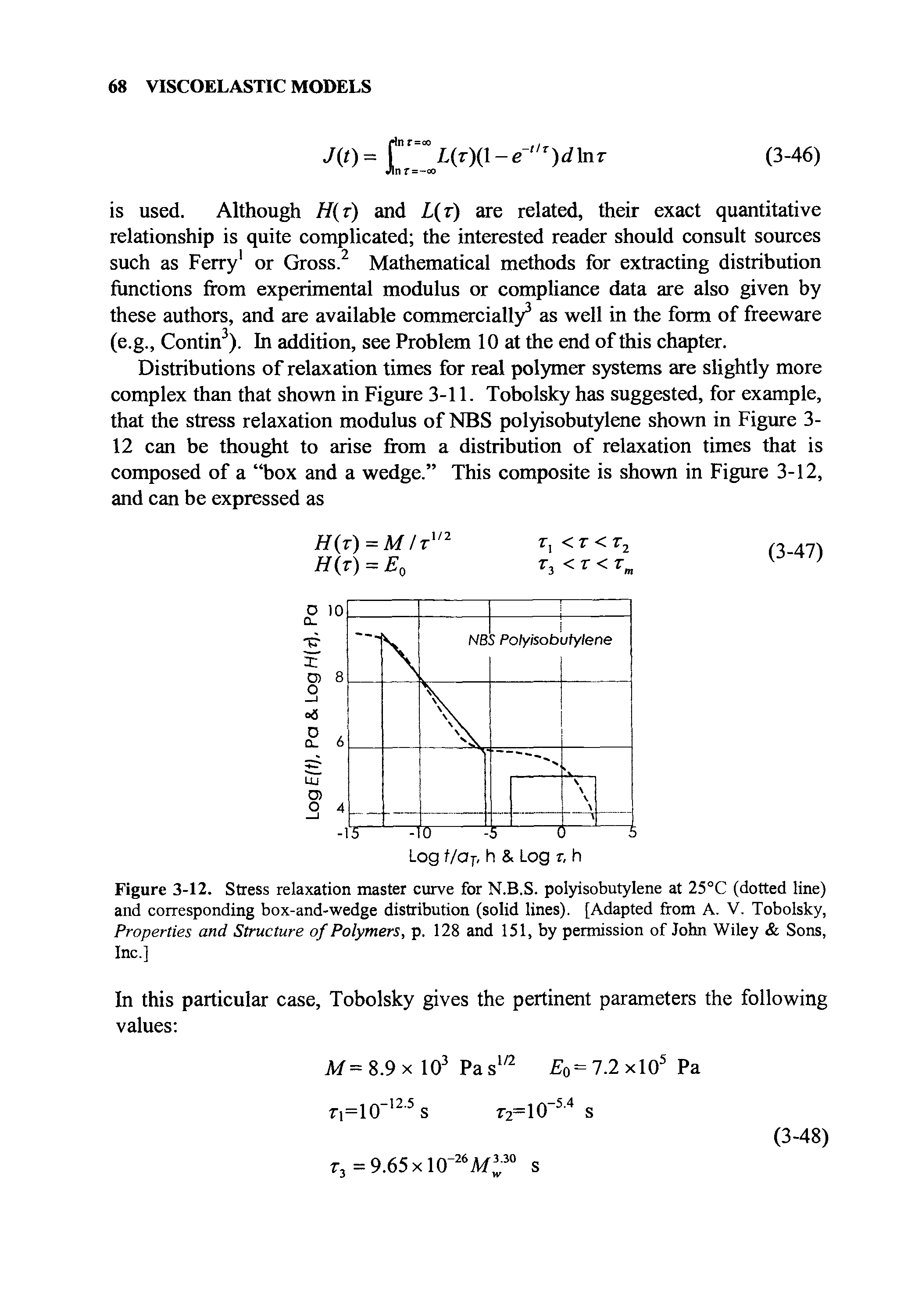 Figure 3-12. Stress relaxation master curve for N.B.S. polyisobutylene at 25°C (dotted line) and corresponding box-and-wedge distribution (solid lines). [Adapted from A. V. Tobolsky, Properties and Structure of Polymers, p. 128 and 151, by permission of John Wiley Sons, Inc.]...