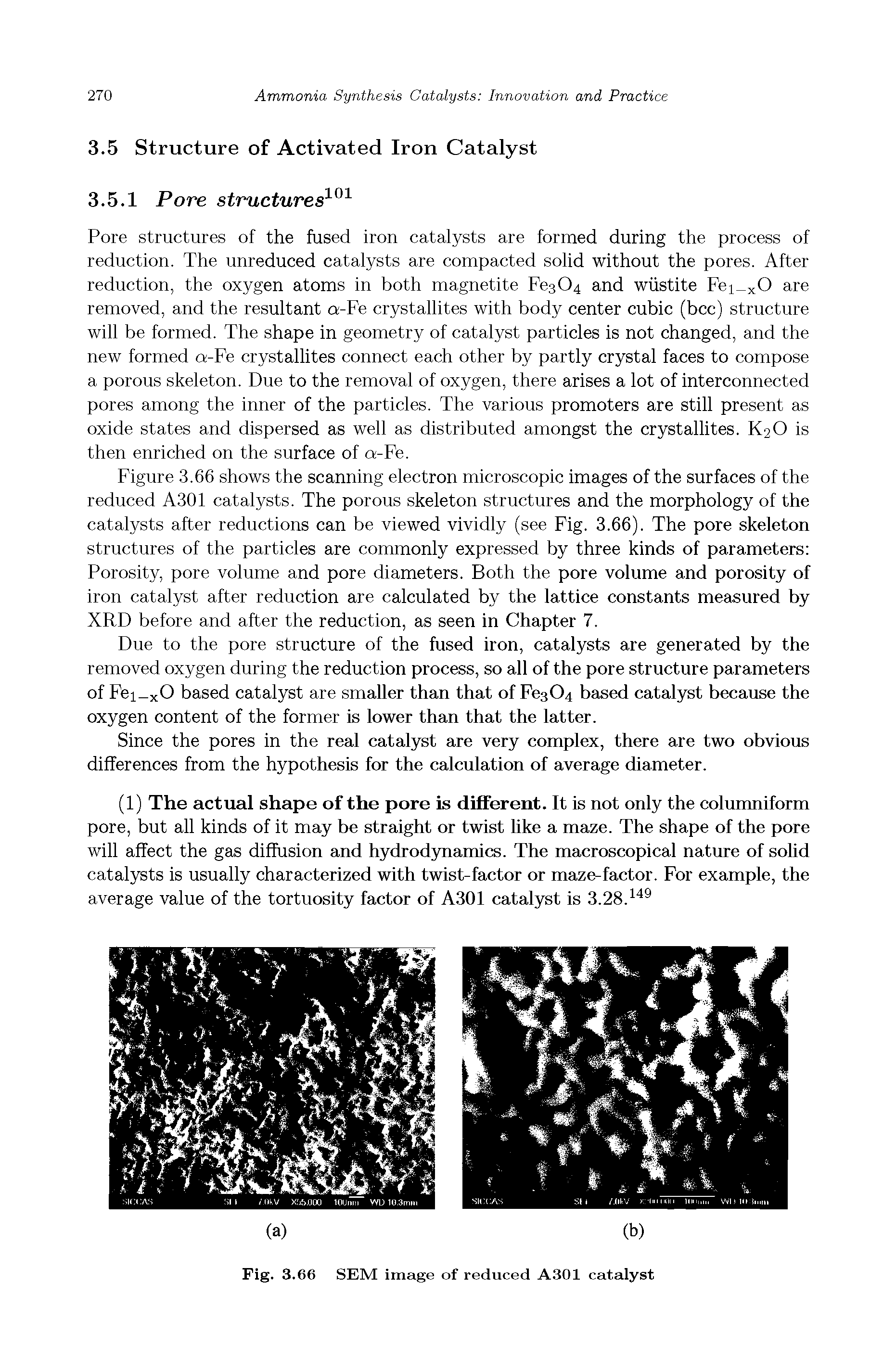 Figure 3.66 shows the scanning electron microscopic images of the surfaces of the reduced A301 catalysts. The porous skeleton structures and the morphology of the catalysts after reductions can be viewed vividly (see Fig. 3.66). The pore skeleton structures of the particles are commonly expressed by three kinds of parameters Porosity, pore volume and pore diameters. Both the pore volume and porosity of iron catalyst after reduction are calculated by the lattice constants measured by XRD before and after the reduction, as seen in Chapter 7.