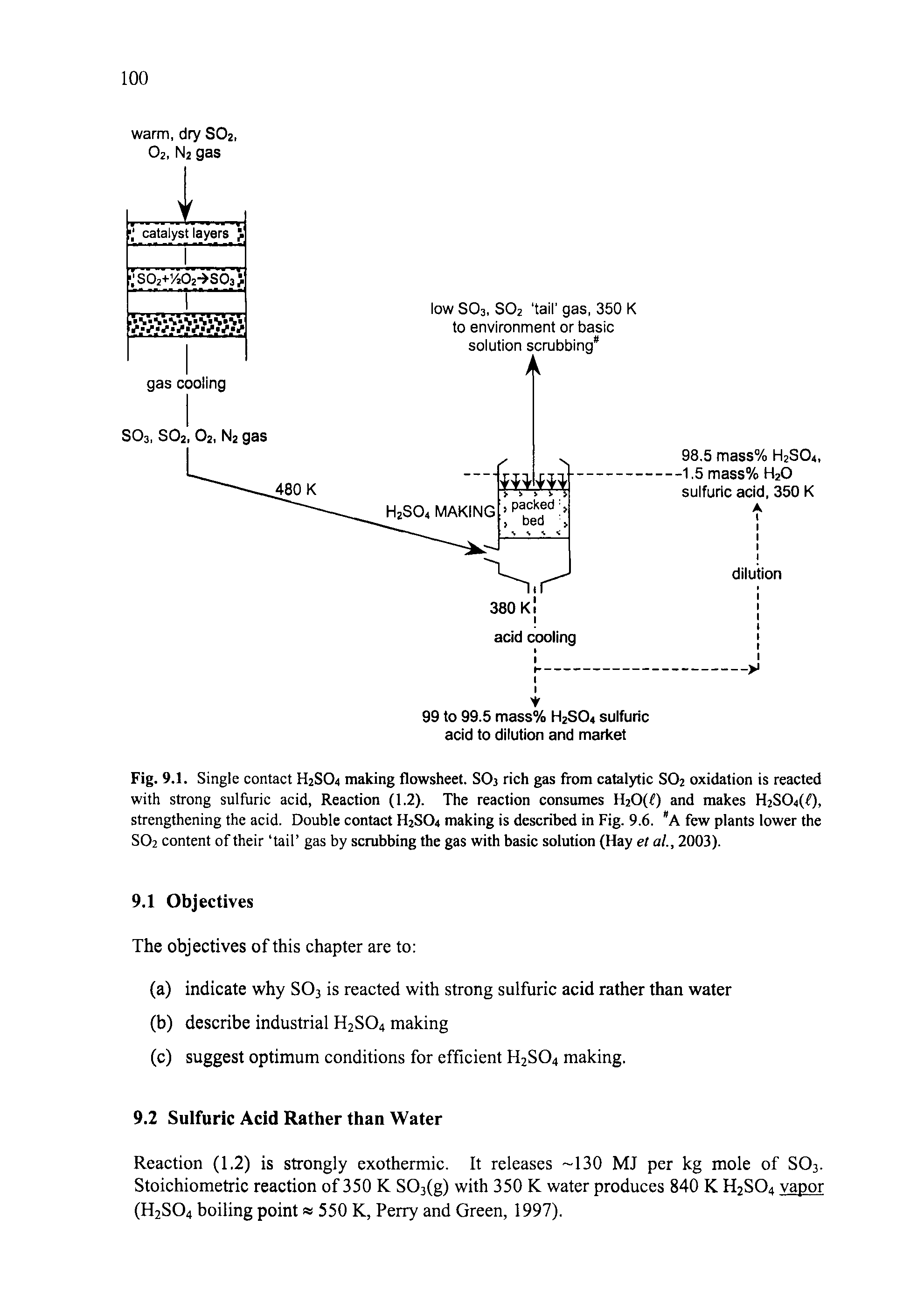 Fig. 9.1. Single contact H2SO4 making flowsheet. SO3 rich gas from catalytic SO2 oxidation is reacted with strong sulfuric acid, Reaction (1.2). The reaction consumes H20(f) and makes H2S04(f), strengthening the acid. Double contact H2SO4 making is described in Fig. 9.6. A few plants lower the SO2 content of their tail gas by scrubbing the gas with basic solution (Hay et al., 2003).