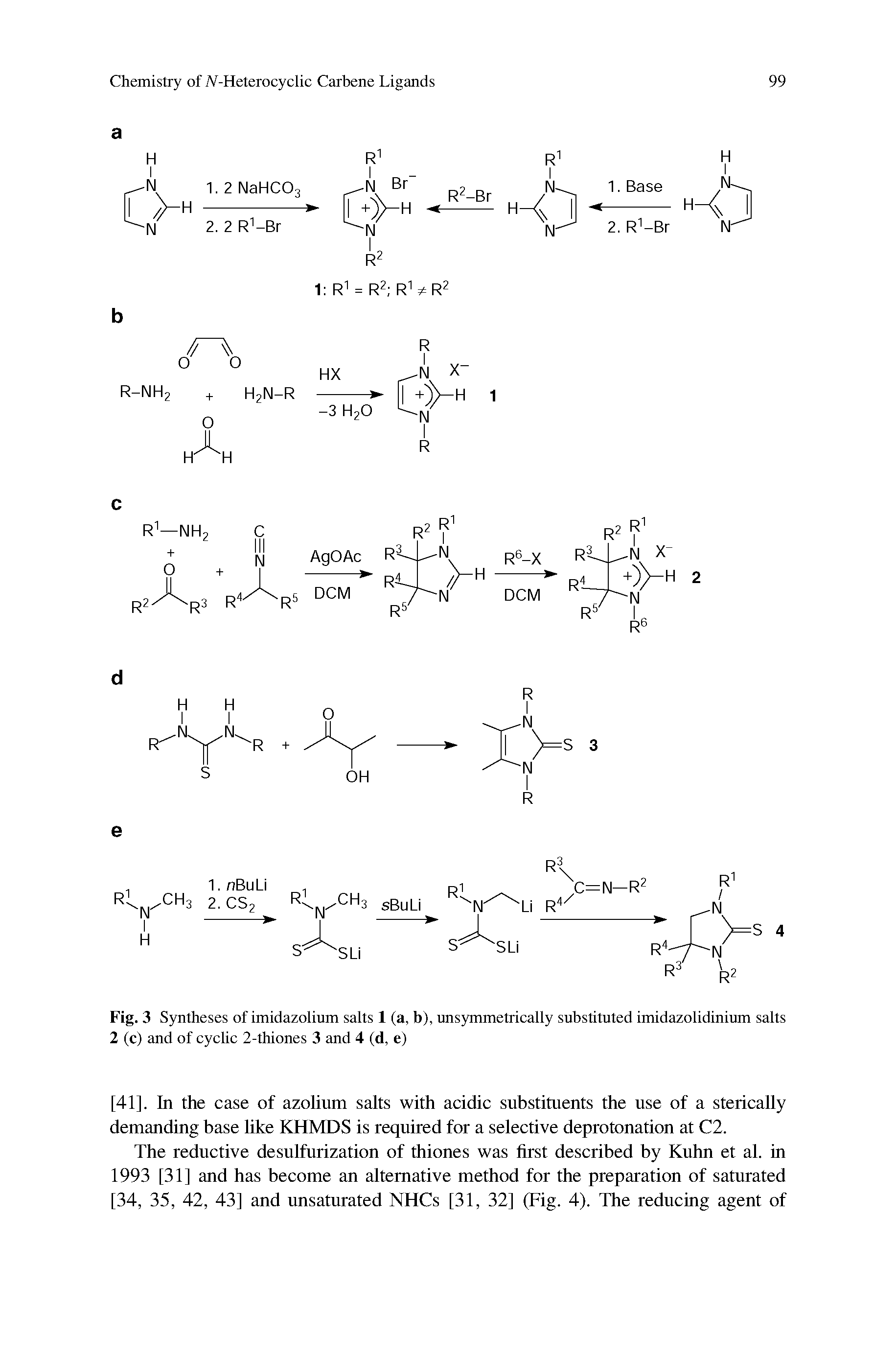 Fig. 3 Syntheses of imidazolium salts 1 (a, b), unsymmetrically substituted imidazolidinium salts 2 (c) and of cyclic 2-thiones 3 and 4 (d, e)...