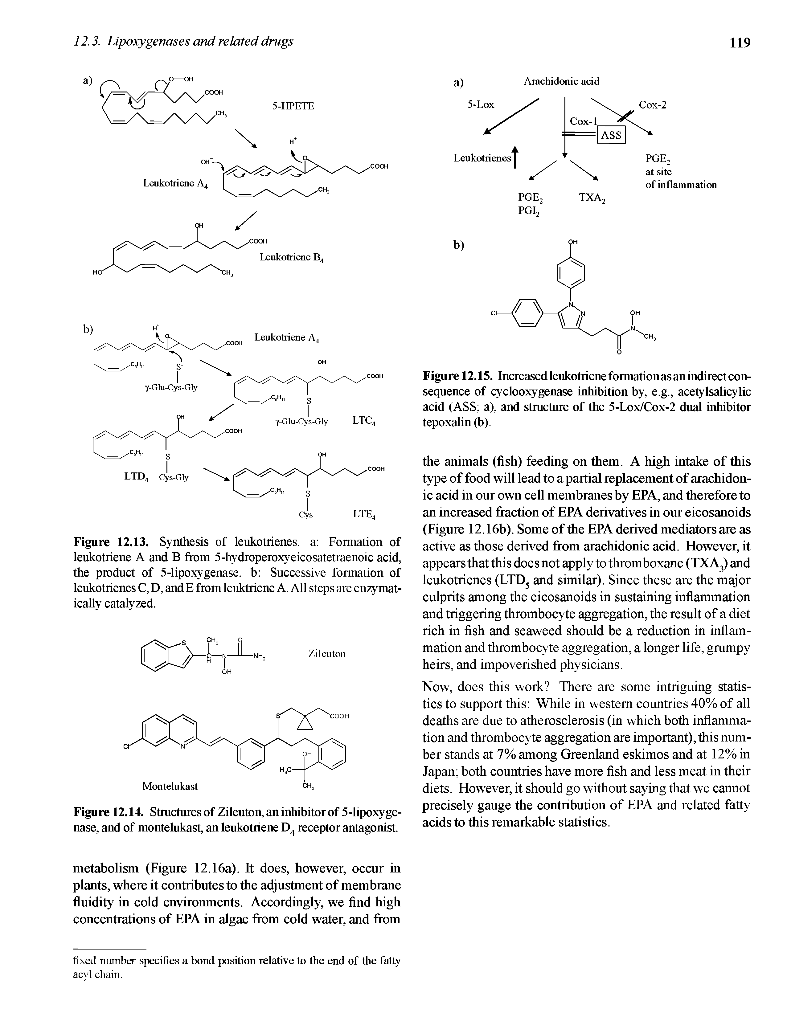 Figure 12.13. Synthesis of leukotrienes. a Formation of leukotriene A and B from 5-hydroperoxyeicosatetraenoic acid, the product of 5-lipoxygenase, b Successive formation of leukotrienes C, D, and E from leuktriene A. All steps are enzymatically catalyzed.
