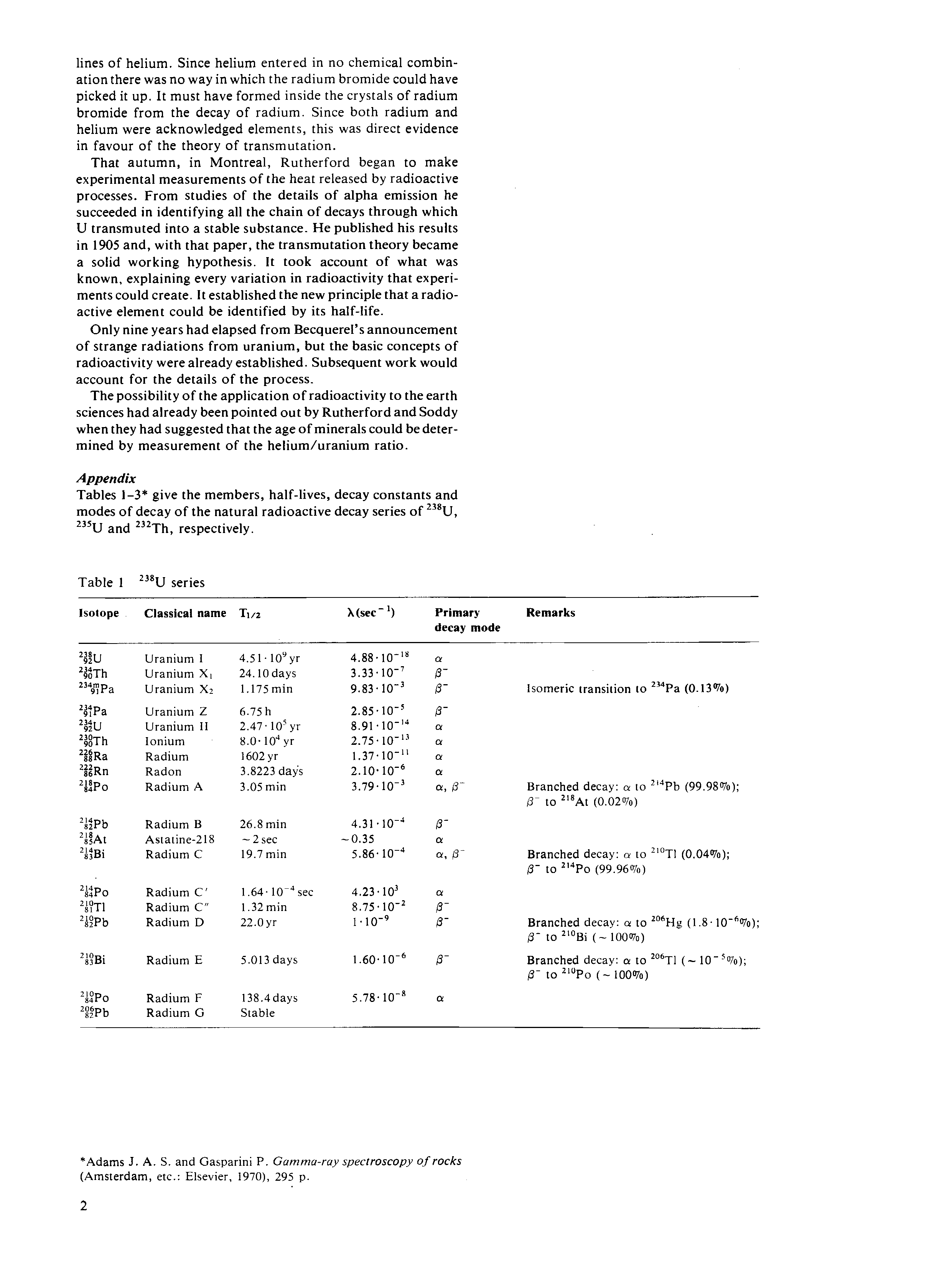 Tables 1-3 give the members, half-lives, decay constants and modes of decay of the natural radioactive decay series of U, and Th, respectively.