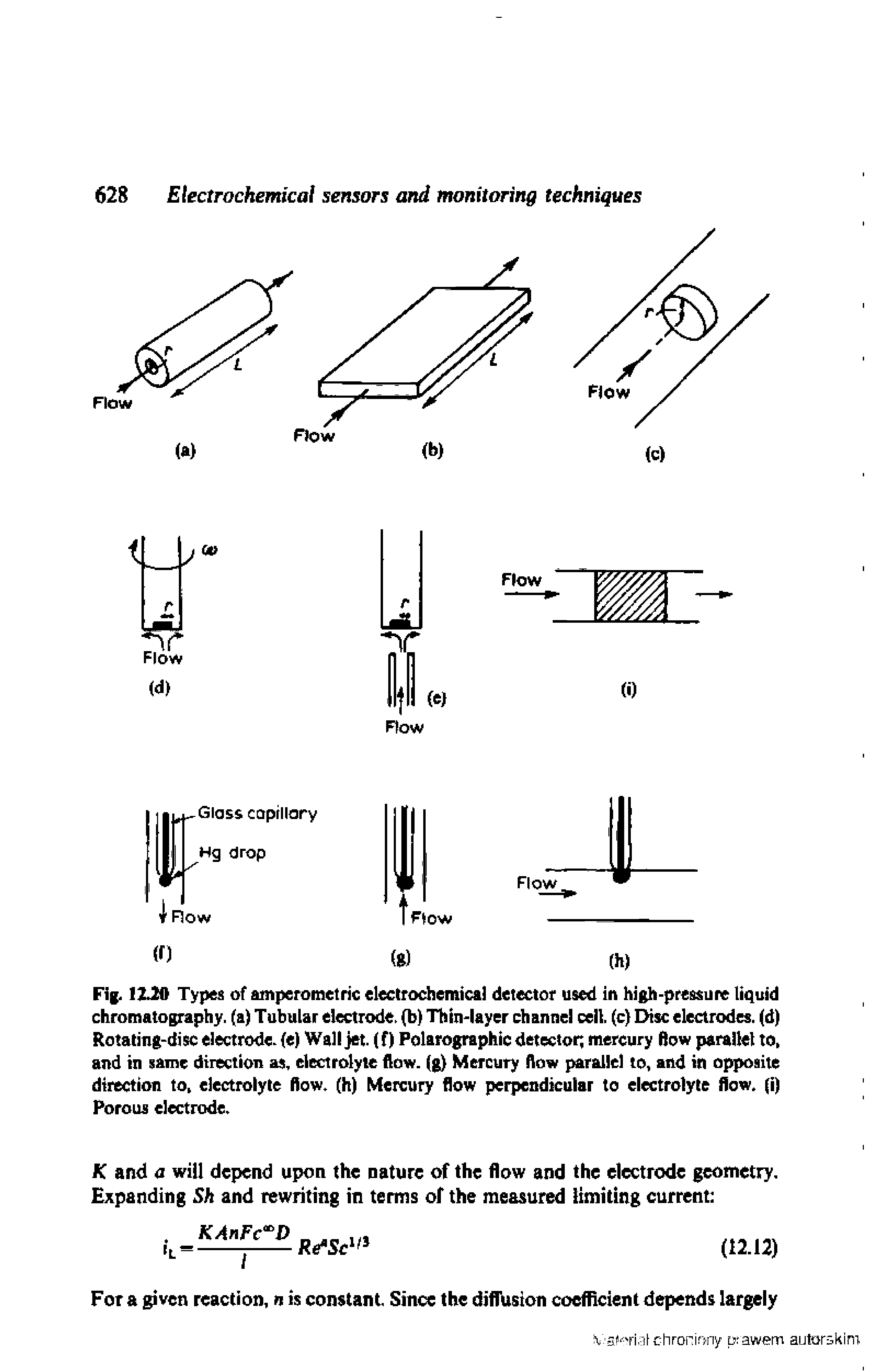 Fig. 12.20 Typej of amperomctric electrochemica] detector used in high-pressure liquid chromatography, (a) Tubular electrode, (b) Thin-layer channel cell, (c) Disc electrodes, (d) Rotating-disc electrode, (e) Wall jet. (f) Polarographic detector mercury Aow parallel to and in same direction as, electrolyte flow, (g) Mercury flow parallel to, and in opposite direction to, electrolyte flow, (h) Mercury flow perpendicular to electrolyte flow, (i) Porous electrode.