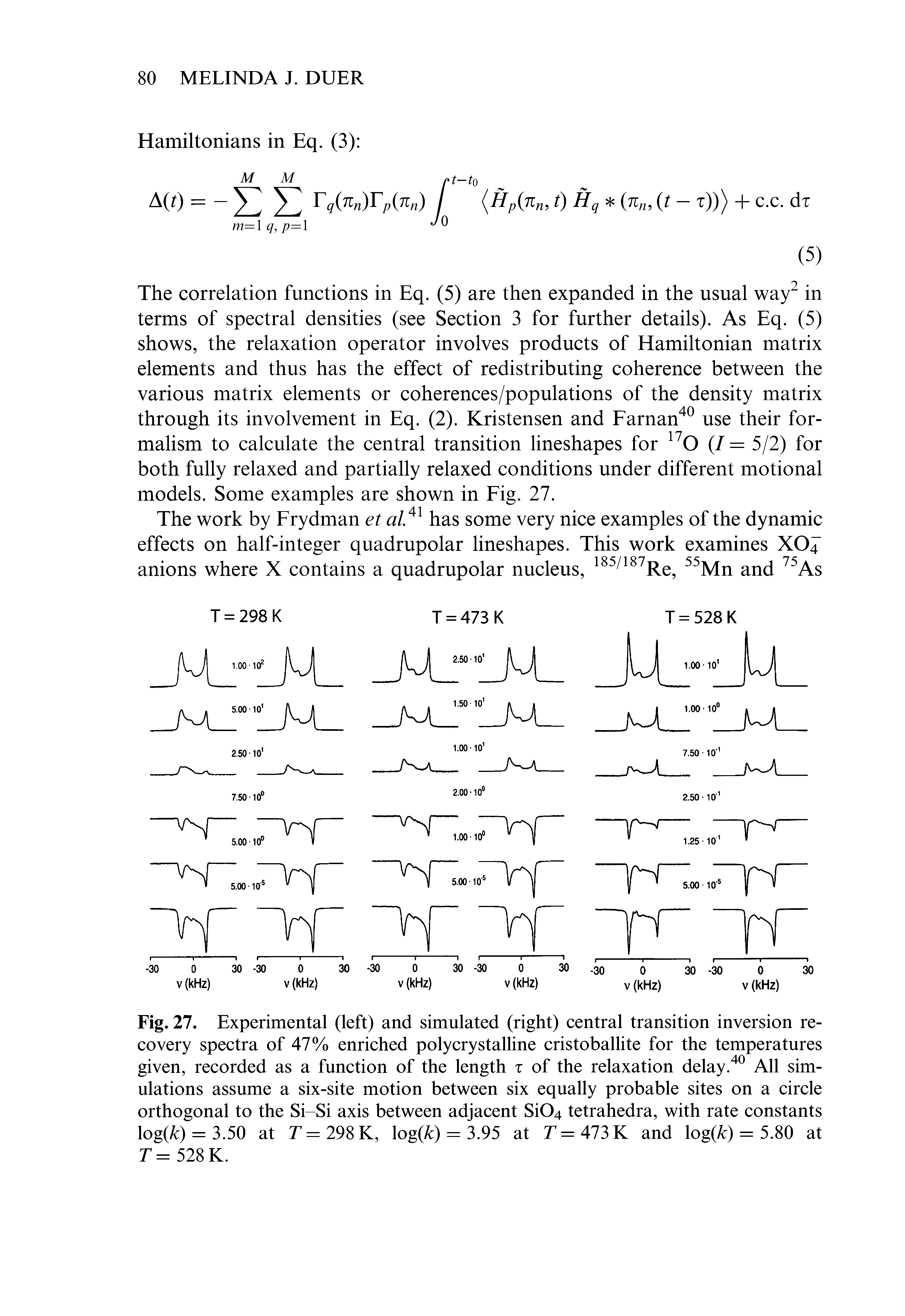 Fig. 27. Experimental (left) and simulated (right) central transition inversion recovery spectra of 47% enriched poly crystalline cristoballite for the temperatures given, recorded as a function of the length t of the relaxation delay.40 All simulations assume a six-site motion between six equally probable sites on a circle orthogonal to the Si-Si axis between adjacent Si04 tetrahedra, with rate constants log( ) = 3.50 at T= 298 K, log(Jfc) = 3.95 at T= 473K and log(fc) = 5.80 at T= 528 K.