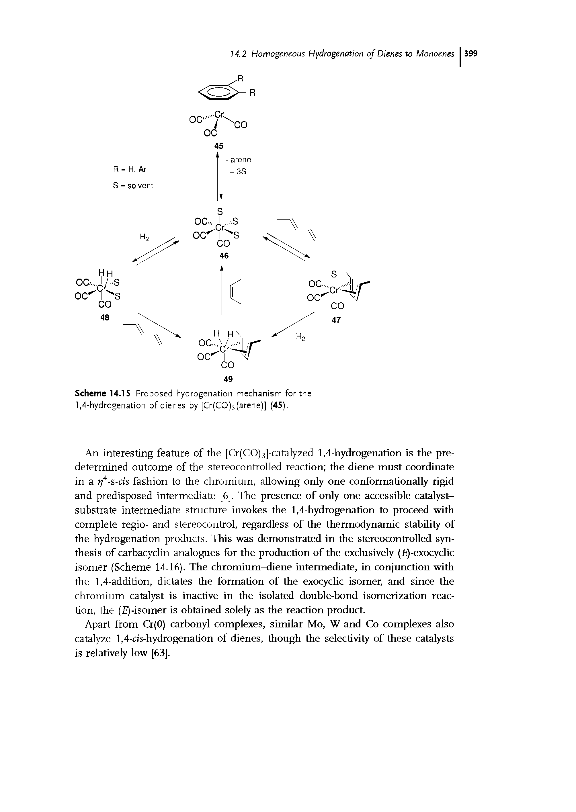 Scheme 14.15 Proposed hydrogenation mechanism for the 1,4-hydrogenation of dienes by [Cr(CO)3 (arene)] (45).