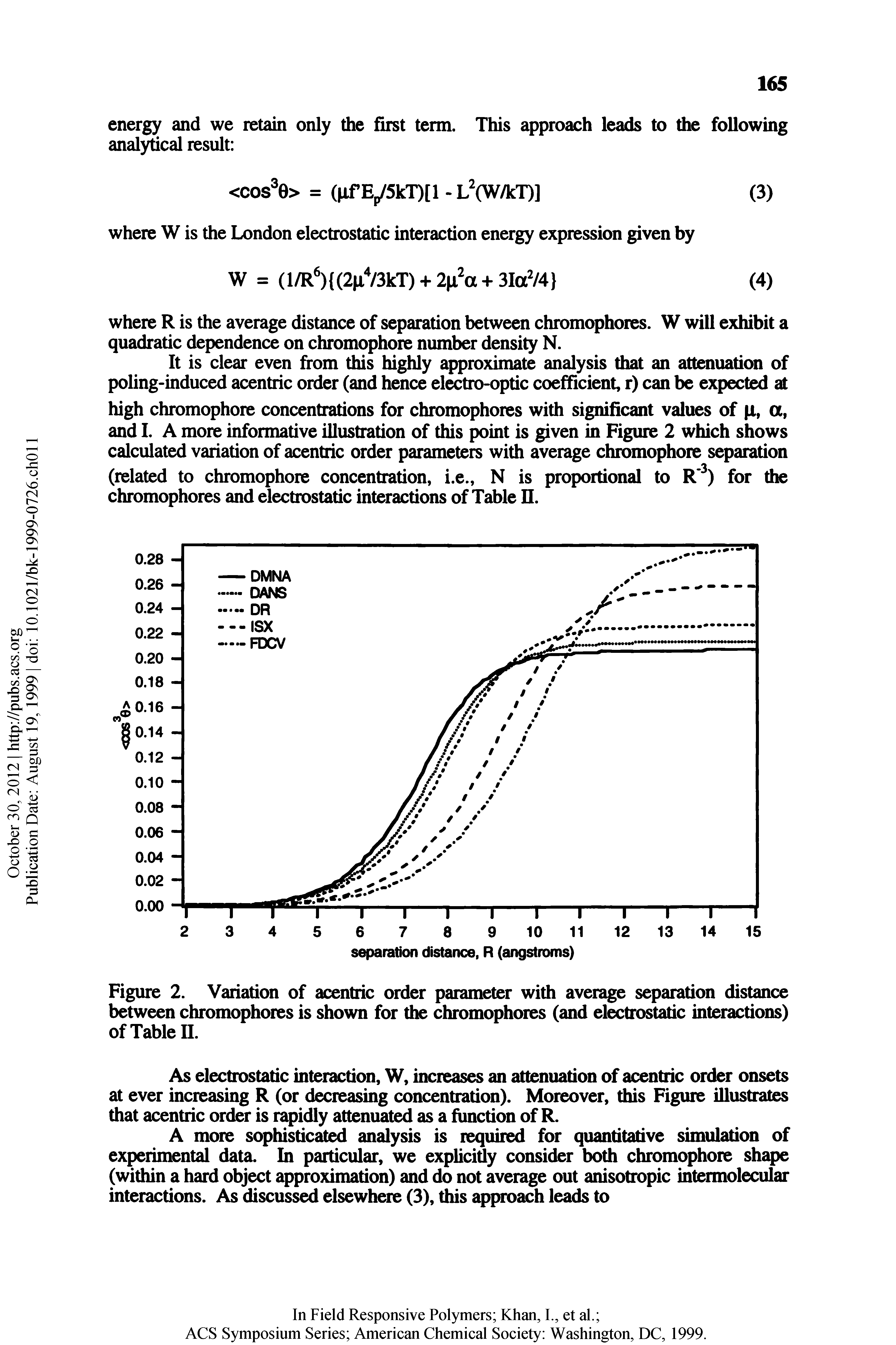 Figure 2. Variation of acentric order parameter with average separation distance between chromophores is shown for the chromophores (and electrostatic interactions) of Table n.