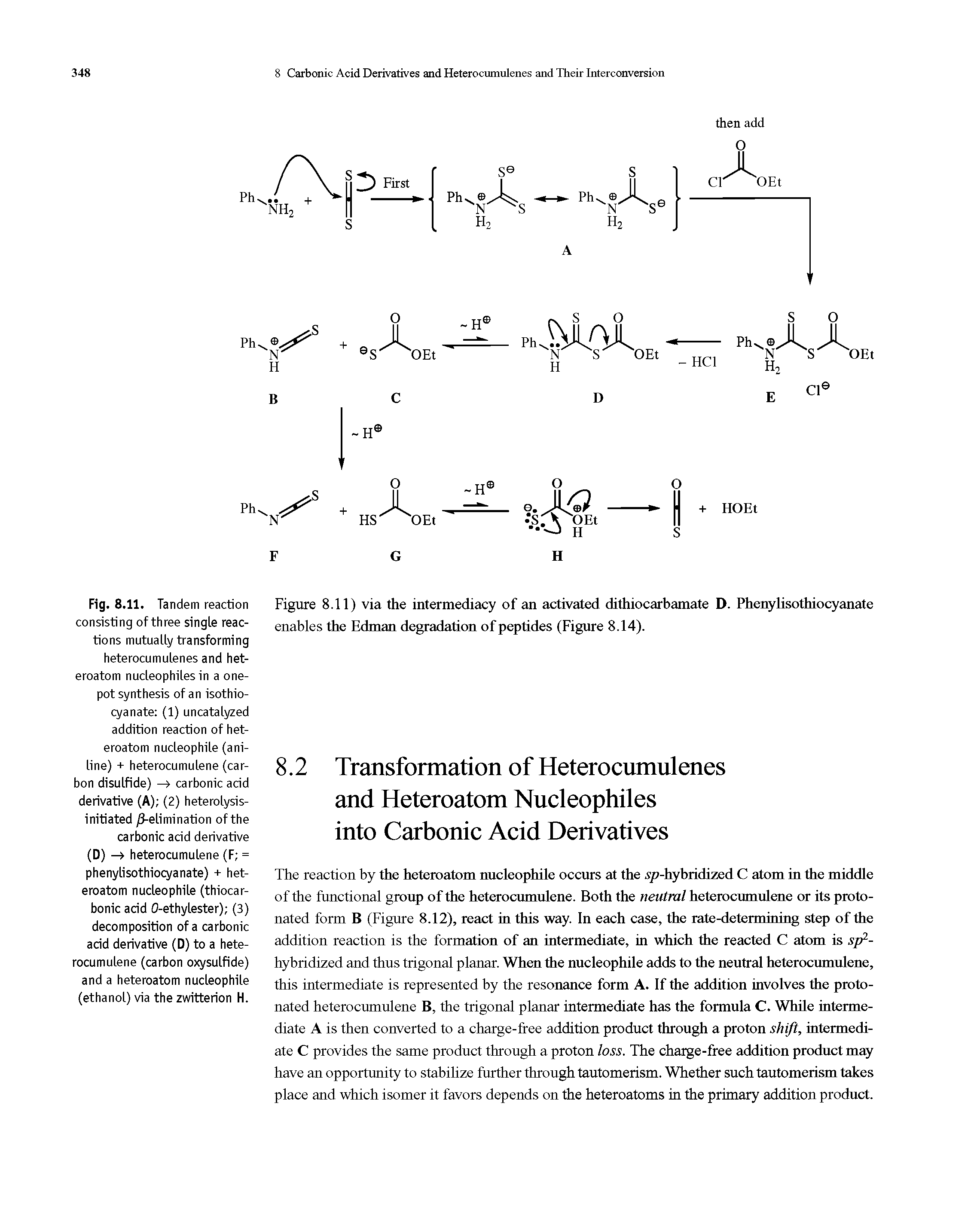Fig. 8.11. Tandem reaction consisting of three single reactions mutually transforming heterocumulenes and heteroatom nucleophiles in a one-pot synthesis of an isothiocyanate (1) uncatalyzed addition reaction of heteroatom nucleophile (aniline) + heterocumulene (carbon disulfide) —> carbonic acid derivative (A) (2) heterolysis-initiated /3-elimination of the carbonic acid derivative (D) -> heterocumulene (F = phenylisothiocyanate) + heteroatom nucleophile (thiocar-bonic acid O-ethylester) (3) decomposition of a carbonic acid derivative (D) to a heterocumulene (carbon oxysulfide) and a heteroatom nucleophile (ethanol) via the zwitterion H.