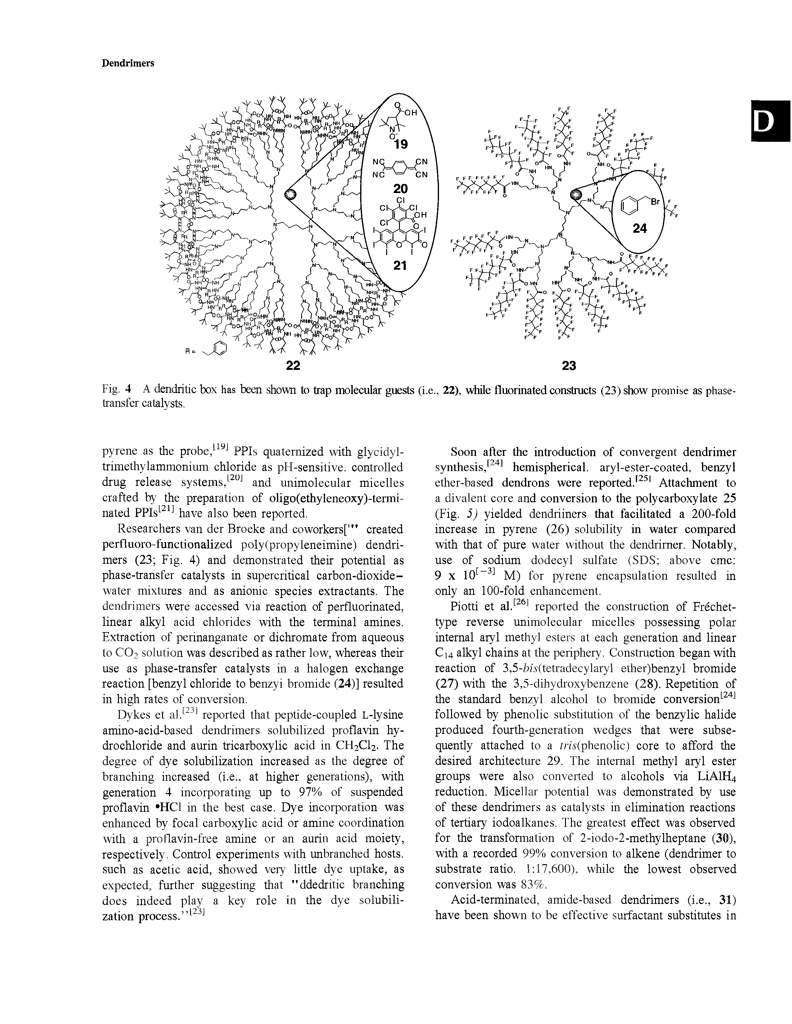 Fig. 4 A dendritic box has been shown to trap molecular guests (i.e., 22), while fluorinated constructs (23) show promise as phase-transfer catalysts.