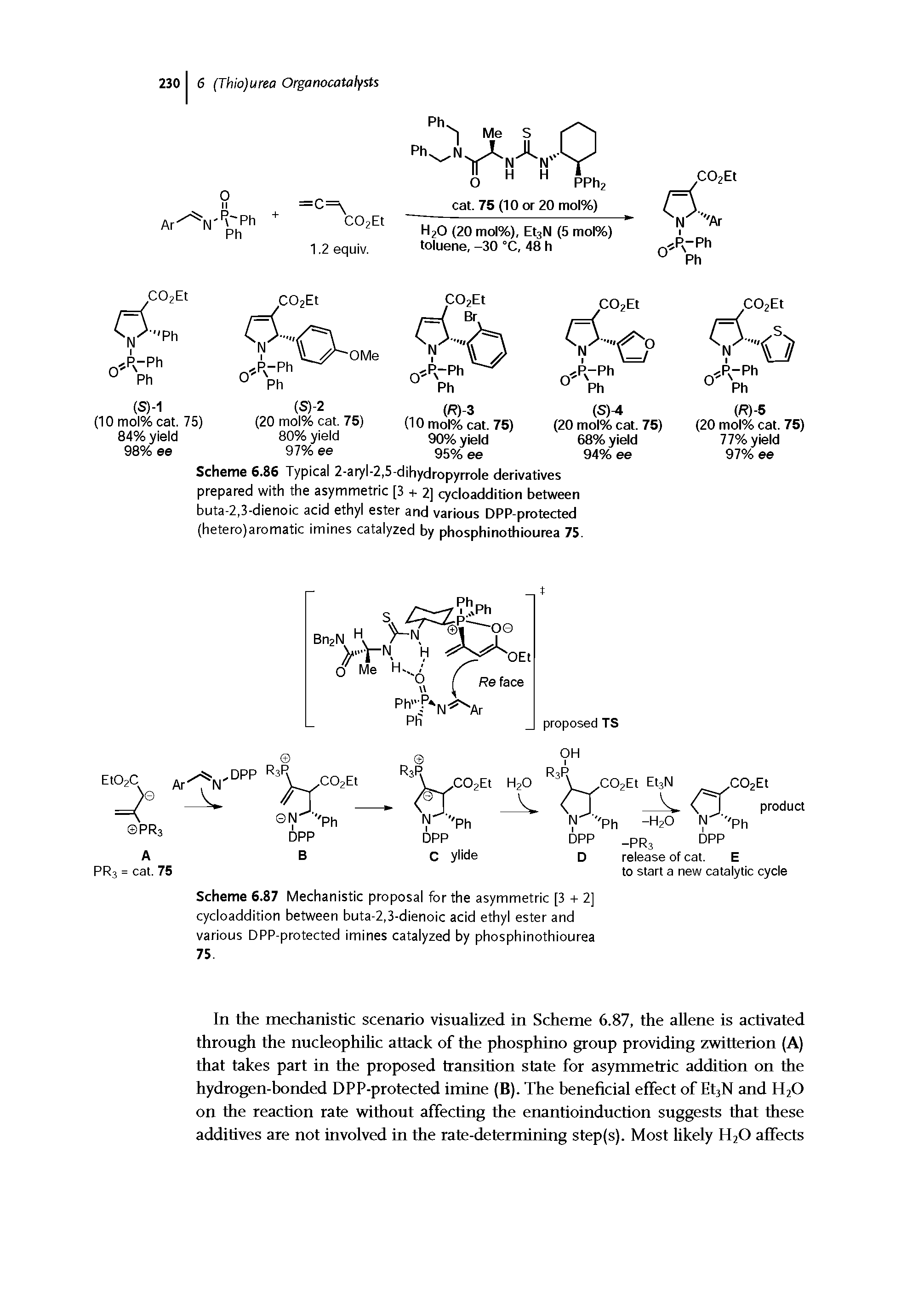 Scheme 6.86 Typical 2-aryl-2,5-dihydropyrrole derivatives prepared with the asymmetric [3 + 2] cycloaddition between buta-2,3-dienoic acid ethyl ester and various DPP-protected (hetero)aromatic imines catalyzed by phosphinothiourea 75.