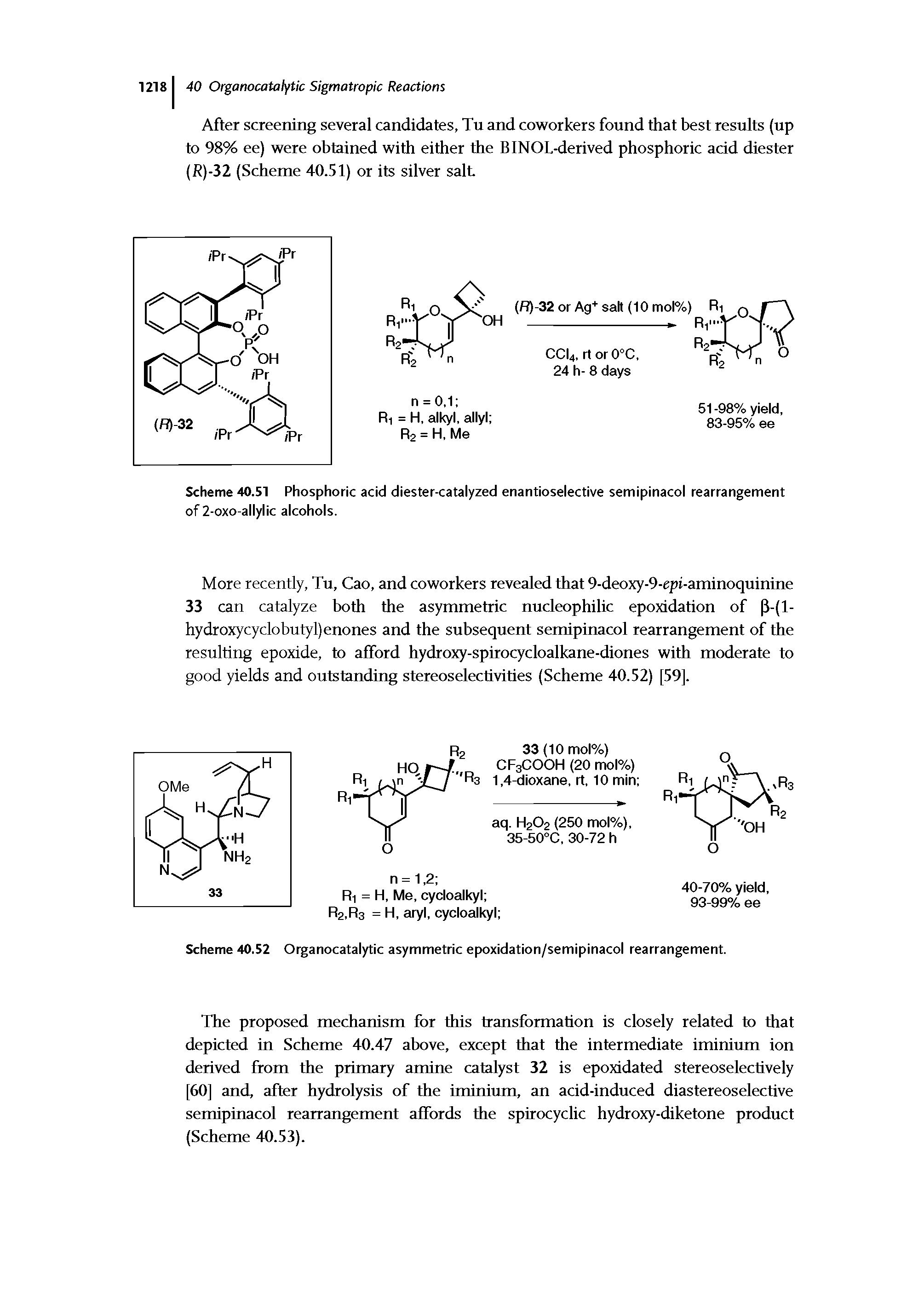 Scheme 40.51 Phosphoric acid diester-catalyzed enantioselective semipinacol rearrangement of 2-oxo-allylic alcohols.