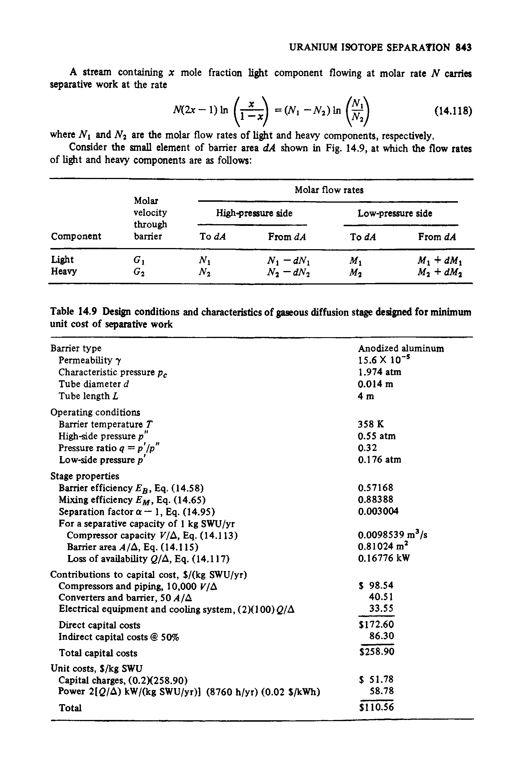 Table 14.9 Design conditions and characteristics of gaseous diffusion stage designed for minimum unit cost of separative work ...