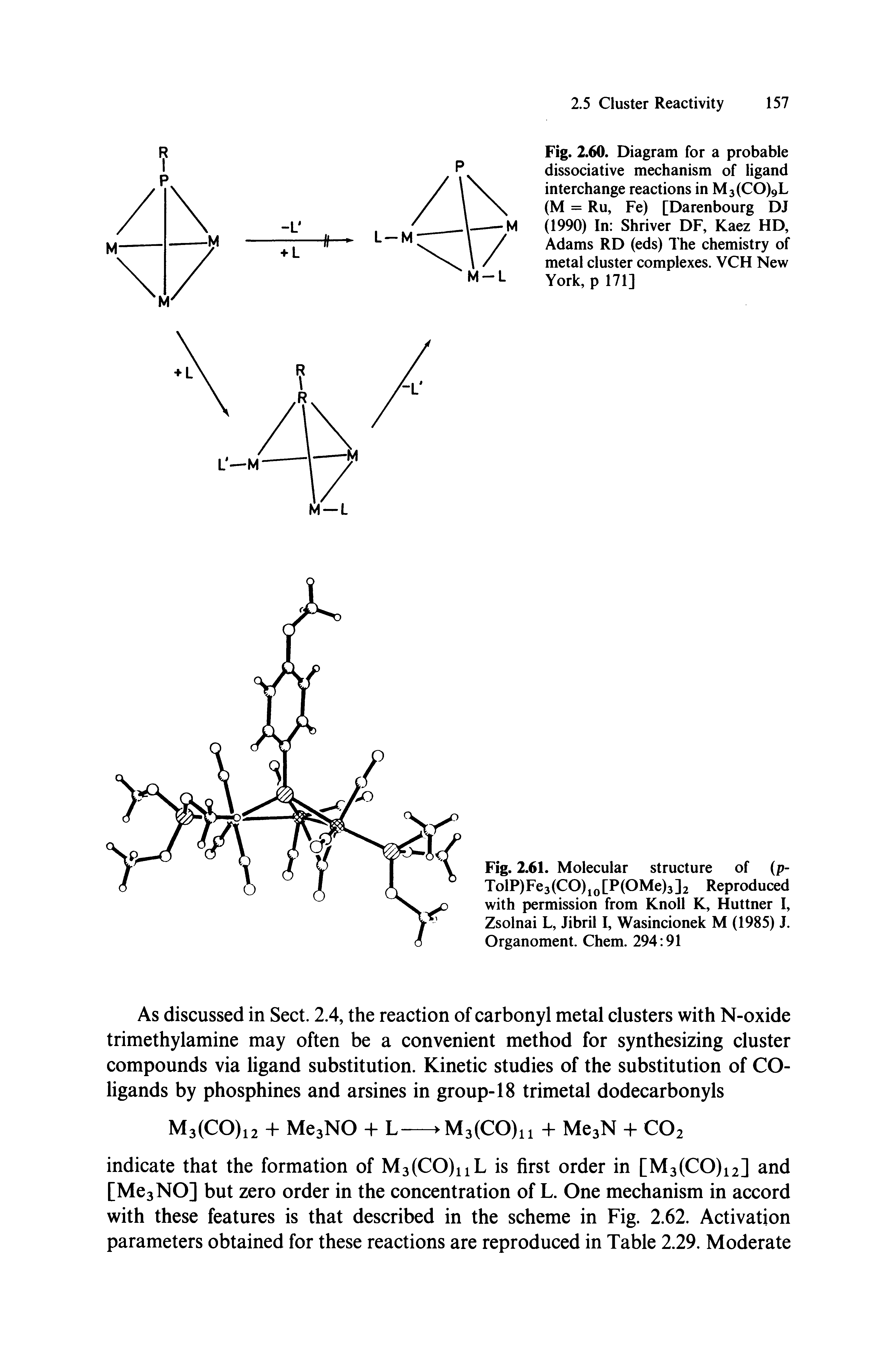 Fig. 2.60. Diagram for a probable dissociative mechanism of ligand interchange reactions in M3(CO)9L (M = Ru, Fe) [Darenbourg DJ (1990) In Shriver DF, Kaez HD, Adams RD (eds) The chemistry of metal cluster complexes. VCH New York, p 171]...