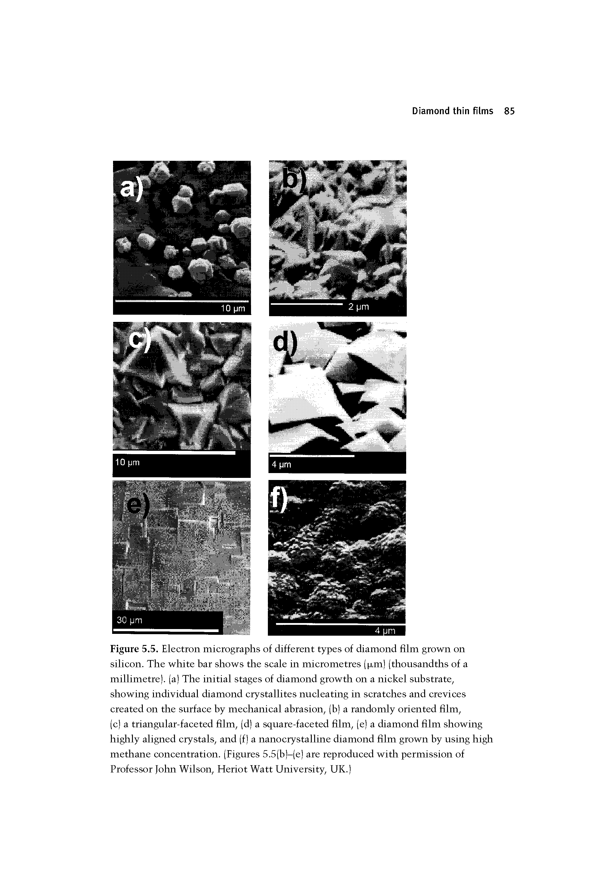 Figure 5.5. Electron micrographs of different types of diamond film grown on silicon. The white bar shows the scale in micrometres (p.m) (thousandths of a millimetre), (a) The initial stages of diamond growth on a nickel substrate, showing individual diamond crystallites nucleating in scratches and crevices created on the surface by mechanical abrasion, (b) a randomly oriented him,...