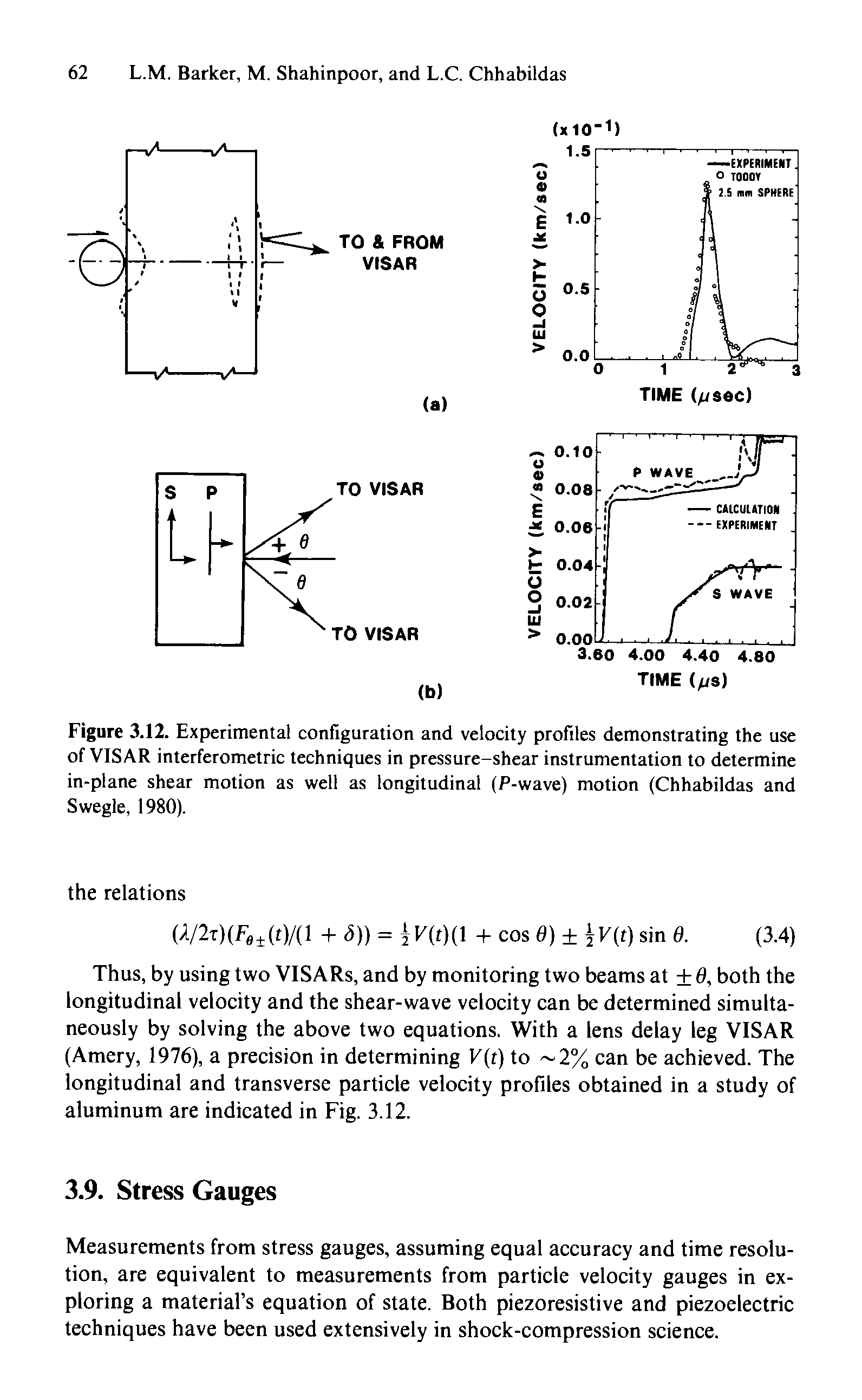 Figure 3.12. Experimental configuration and velocity profiles demonstrating the use of VISAR interferometric techniques in pressure-shear instrumentation to determine in-plane shear motion as well as longitudinal (P-wave) motion (Chhabildas and Swegle, 1980).