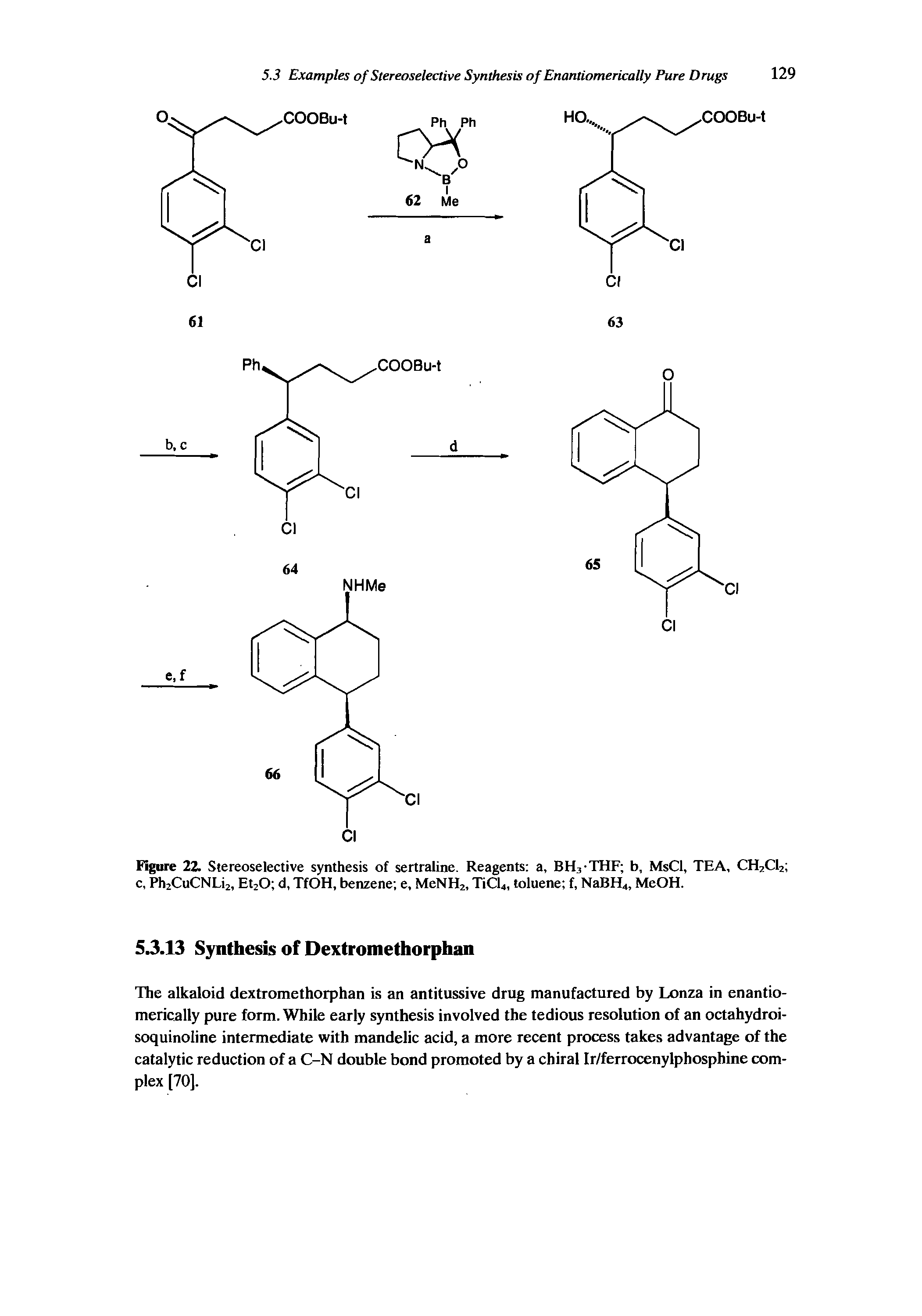 Figure 22. Stereoselective synthesis of sertraline. Reagents a, BH3-THF b, MsCl, TEA, CH2C12 c, Ph2CuCNLi2, Et20 d, TfOH, benzene e, MeNH2, TiCl4, toluene f, NaBH4, MeOH.
