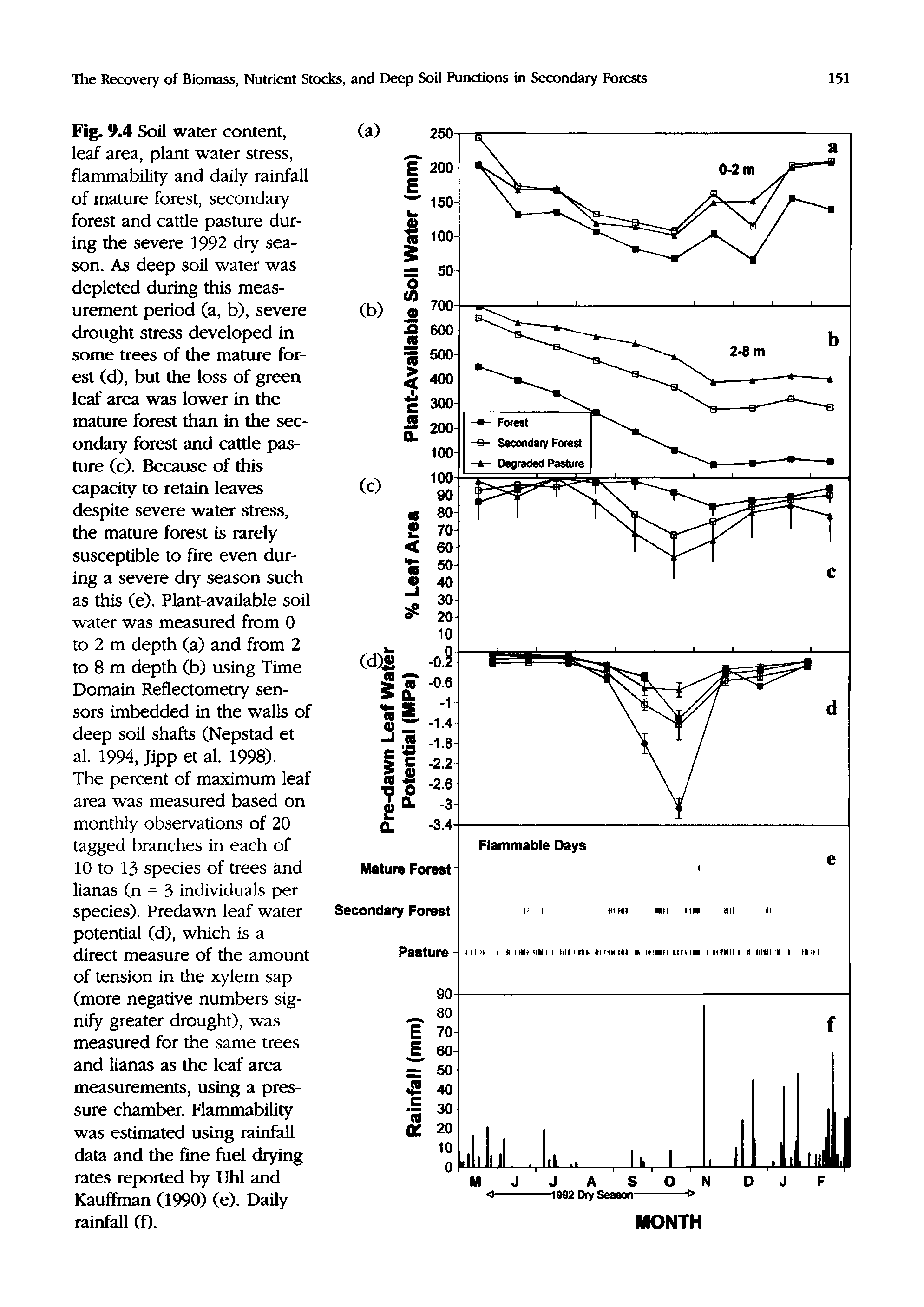 Fig. 9.4 Soil water content, leaf area, plant water stress, flammability and daily rainfall of mature forest, secondary forest and cattle pasture during the severe 1992 dry season. As deep soil water was depleted during this measurement period (a, b), severe drought stress developed in some trees of the mature forest (d), but the loss of green leaf area was lower in the mature forest than in the secondary forest and cattle pasture (c). Because of this capacity to retain leaves despite severe water stress, the mature forest is rarely susceptible to fire even during a severe dry season such as this (e). Plant-available soil water was measured from 0 to 2 m depth (a) and from 2 to 8 m depth (b) using Time Domain Reflectometry sensors imbedded in the walls of deep soil shafts (Nepstad et al. 1994, Jipp et al. 1998).