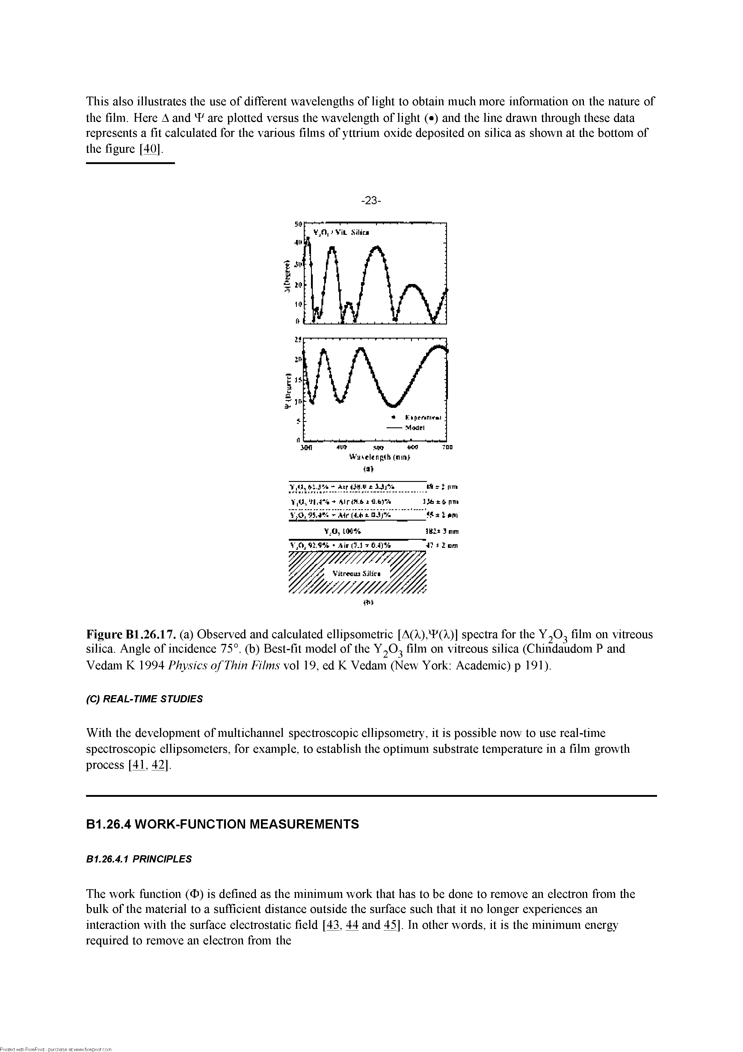 Figure Bl.26.17. (a) Observed and calculated ellipsometric [A(1), T(>l)] spectra for the Y2O3 film on vitreous silica. Angle of incidence 75°. (b) Best-fit model of the Y2O3 film on vitreous silica (Chindaudom P and Vedam K 1994 Physics of Thin Films vol 19, ed K Vedam (New York Academic) p 191).