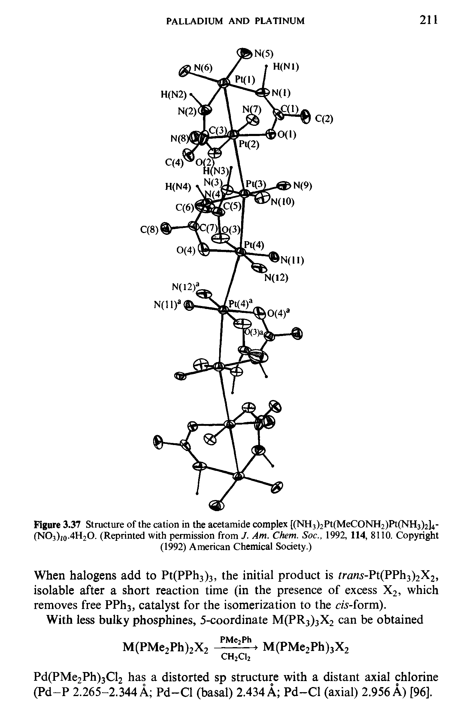 Figure 3.37 Structure of the cation in the acetamide complex [(Nh PtfMeCONFyPtfNHj U-(NO3) 0.4H2O. (Reprinted with permission from J. Am. Chem. Soc., 1992, 114, 8110. Copyright (1992) American Chemical Society.)...